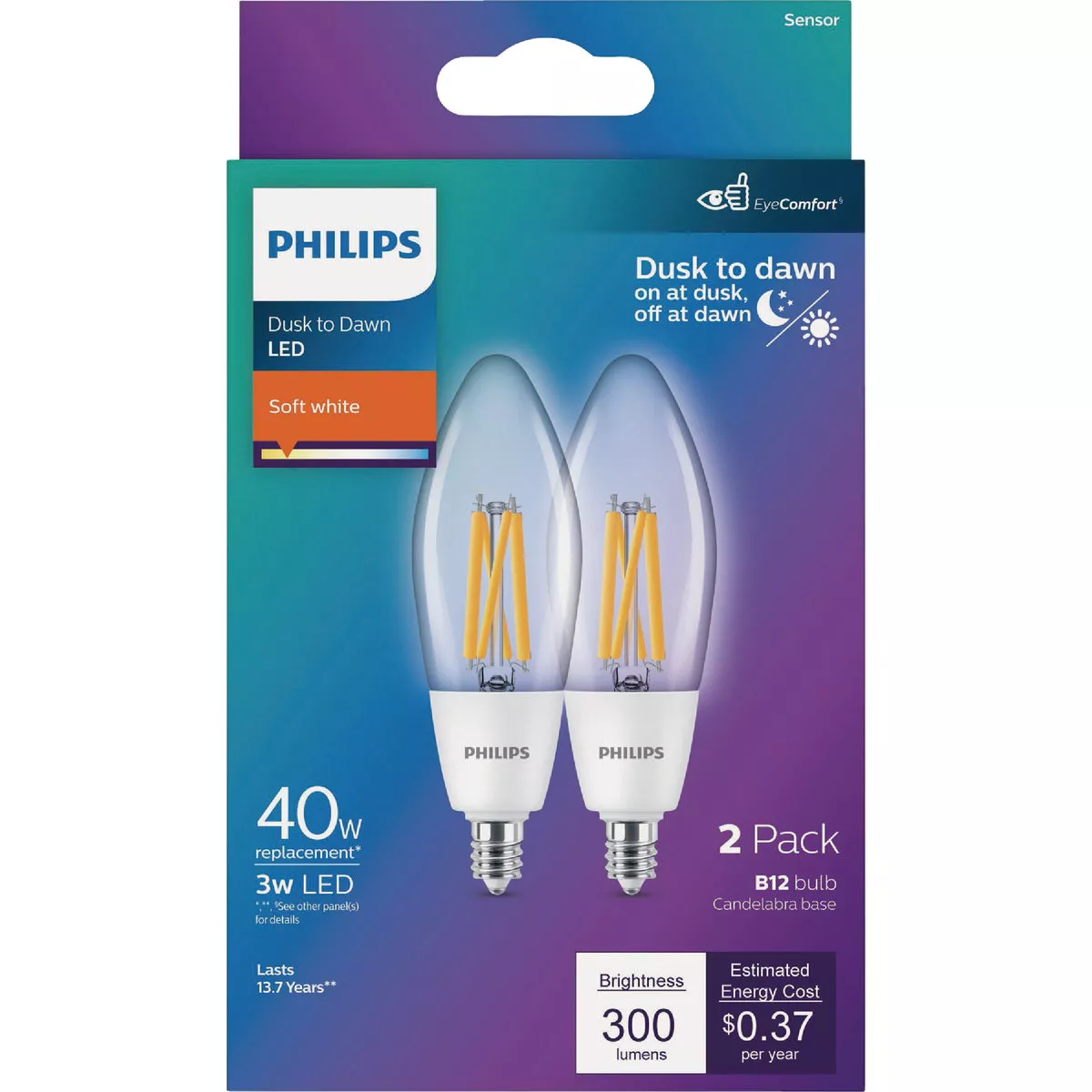 Philips 40W Equivalent Soft White B11 Dusk to Dawn LED Decorative Light Bulb (2-Pack) - photo 2