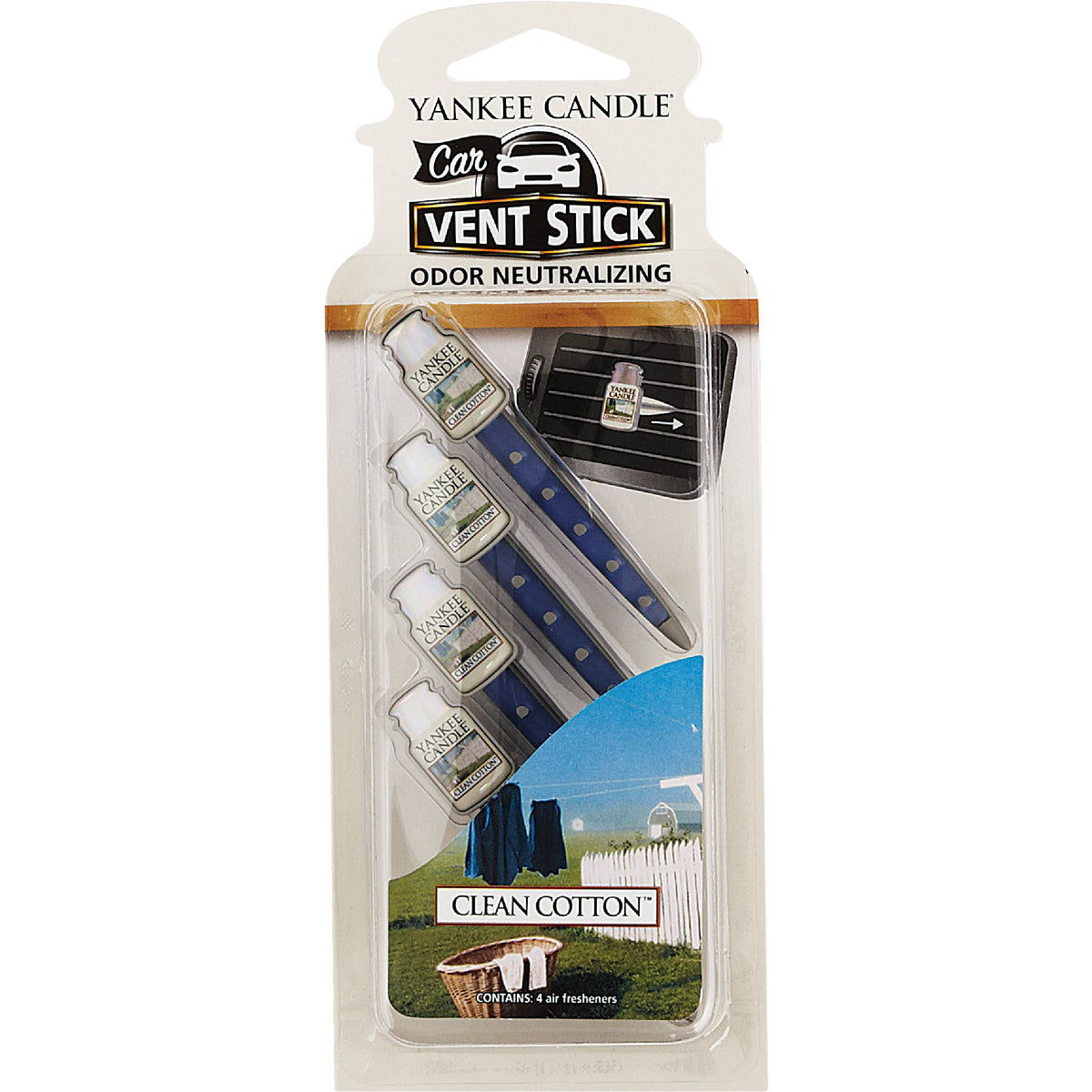 Yankee Candle Vent Stick Car Air Freshener, Clean Cotton (4-Pack)