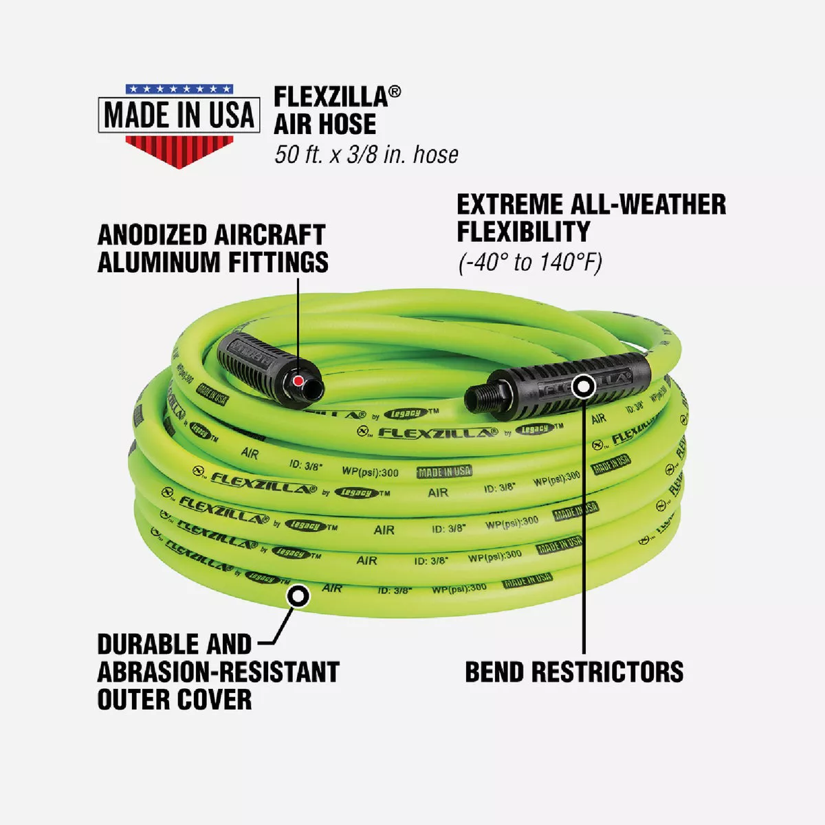 Flexzilla 3/8 In. x 50 Ft. Polymer-Blend Air Hose with 1/4 In. MNPT Fittings - photo 3