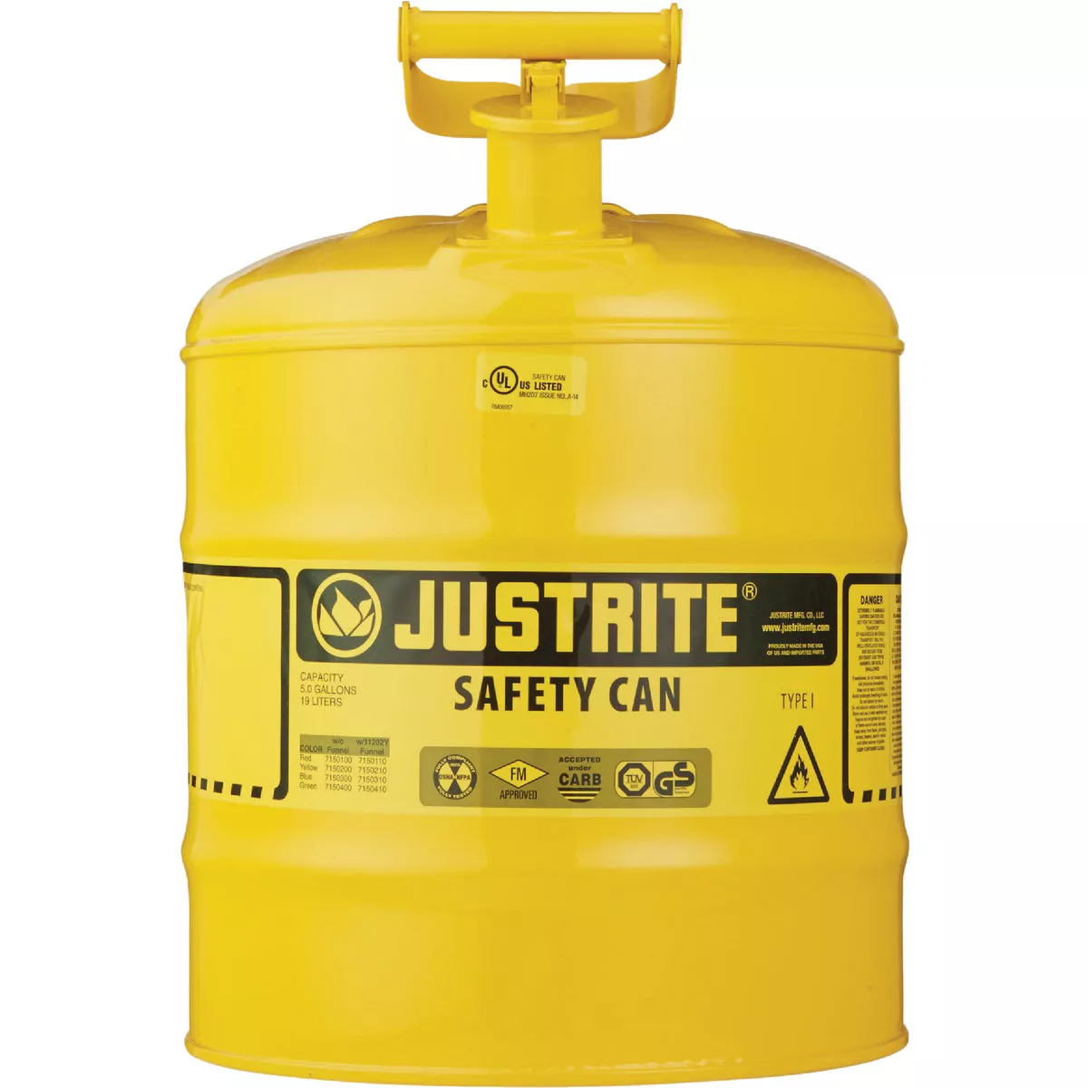 Justrite 5 Gal. Type I Galvanized Steel Safety Fuel Can, Yellow - photo 2