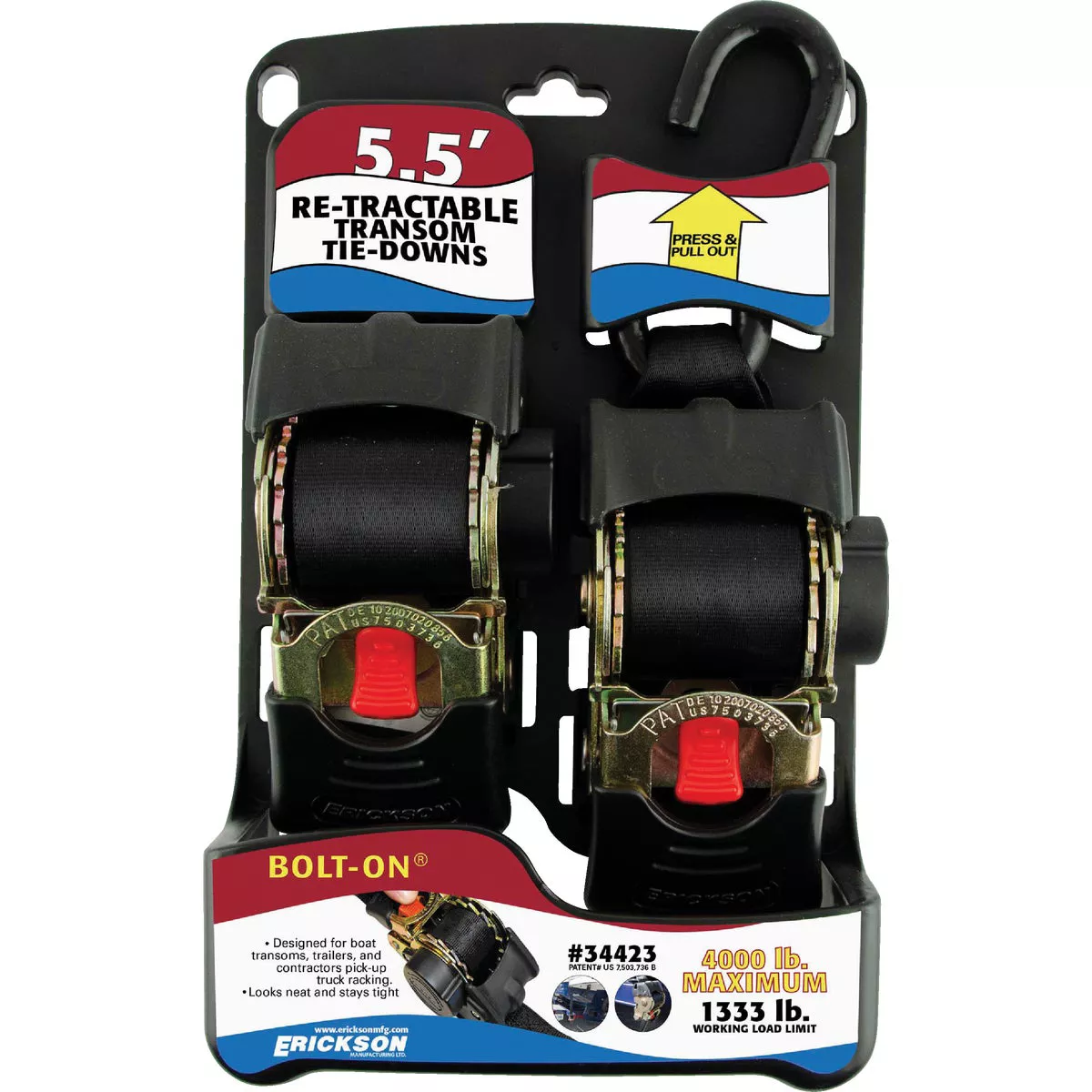 Erickson 2 In. x 5-1/2 Ft. 1333 Lb. Bolt-On Re-Tractable Transom Tie-Down (2-Pack) - photo 2