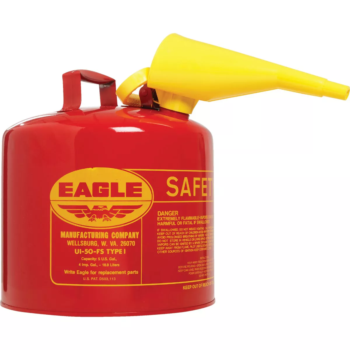 Eagle 5 Gal. Type I Galvanized Steel Gasoline Safety Fuel Can, Red - photo 2