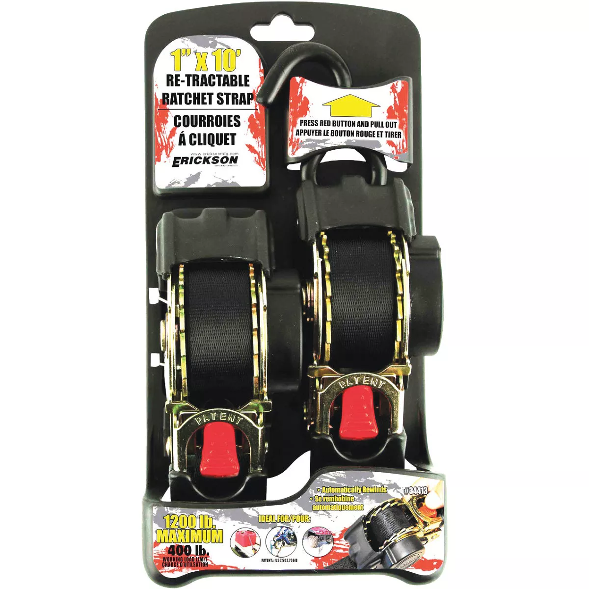 Erickson 1 In. x 10 Ft. 400 Lb. Re-Tractable Ratchet Strap (2-Pack) - photo 2