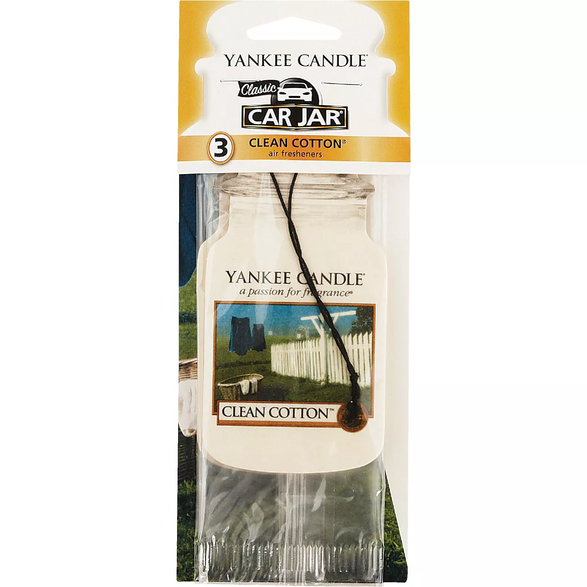 Yankee Candle Car Jar Classic Car Air Freshener, Clean Cotton (3-Pack)