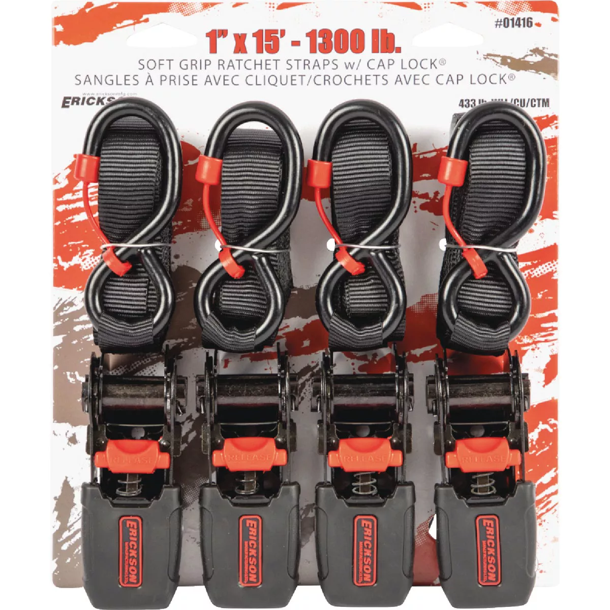 Erickson 1 In. x 15 Ft. 1300 Lb. Soft Grip Ratchet Tie-Down W/Cap Locks (4-Pack) - photo 2