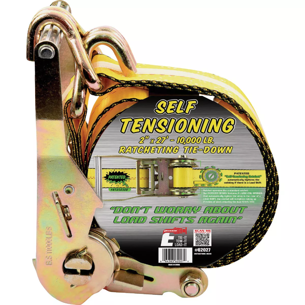 Erickson 2 In. x 27 Ft. Self Tensioning Ratchet Strap with Double "J" Hooks - photo 2