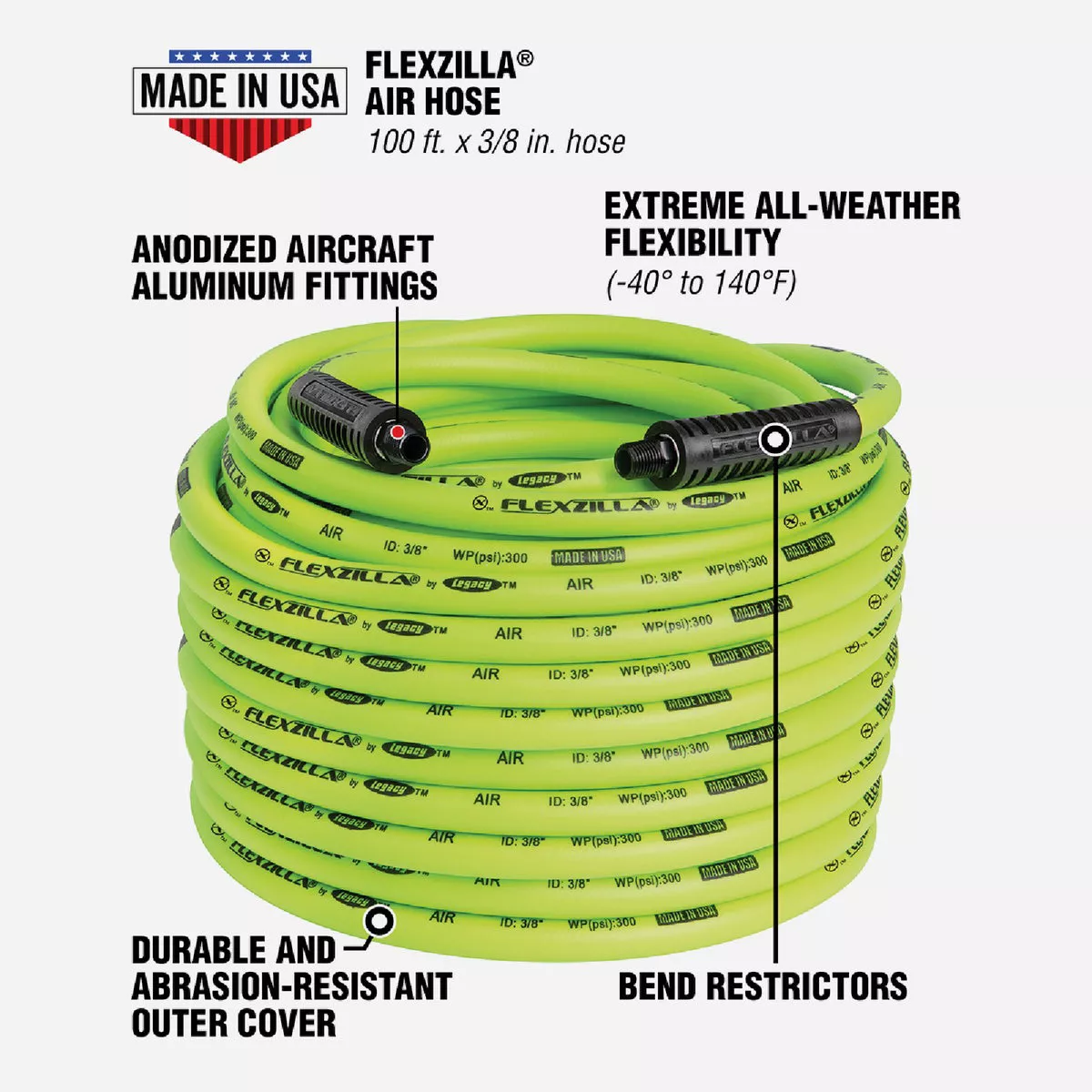 Flexzilla 3/8 In. x 100 Ft. Polymer-Blend Air Hose with 1/4 In. MNPT Fittings - photo 3