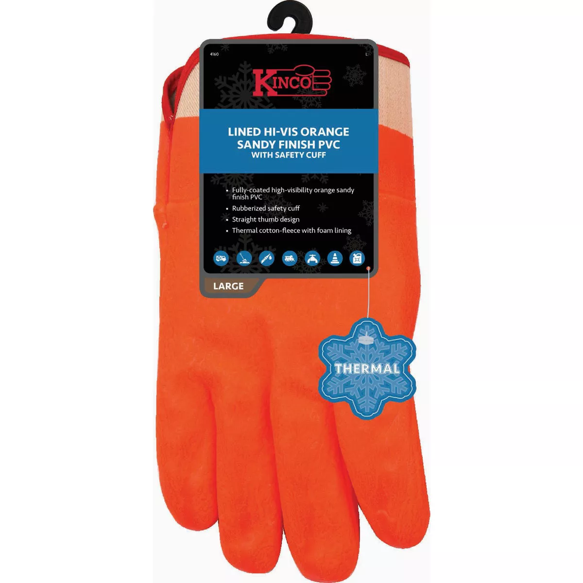 Kinco Men's Large Lined Hi-Vis Orange Sandy Finish PVC Glove with Safety Cuff