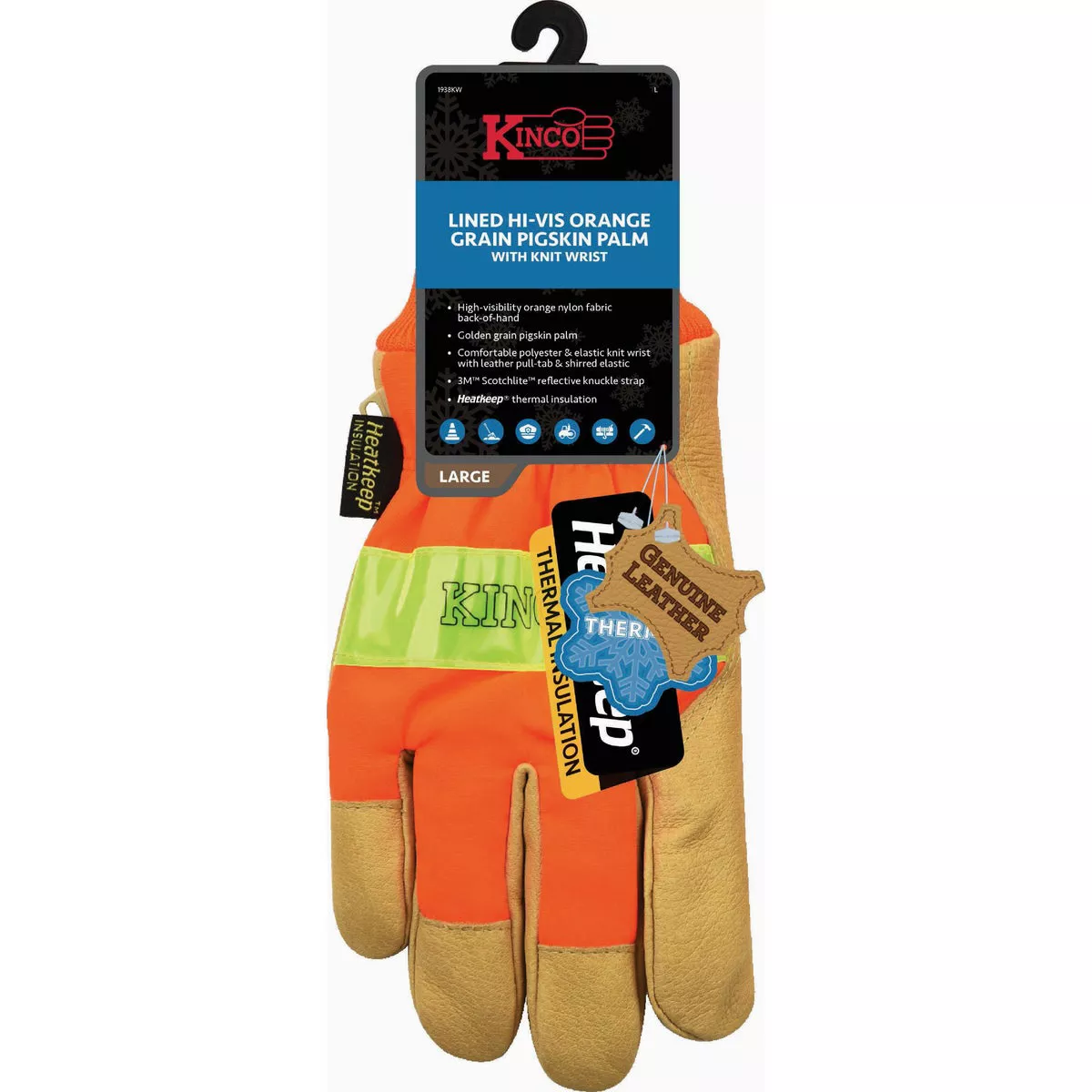 Kinco Men's XL Lined Hi-Vis Orange Grain Pigskin Palm Glove with Knit Wrist