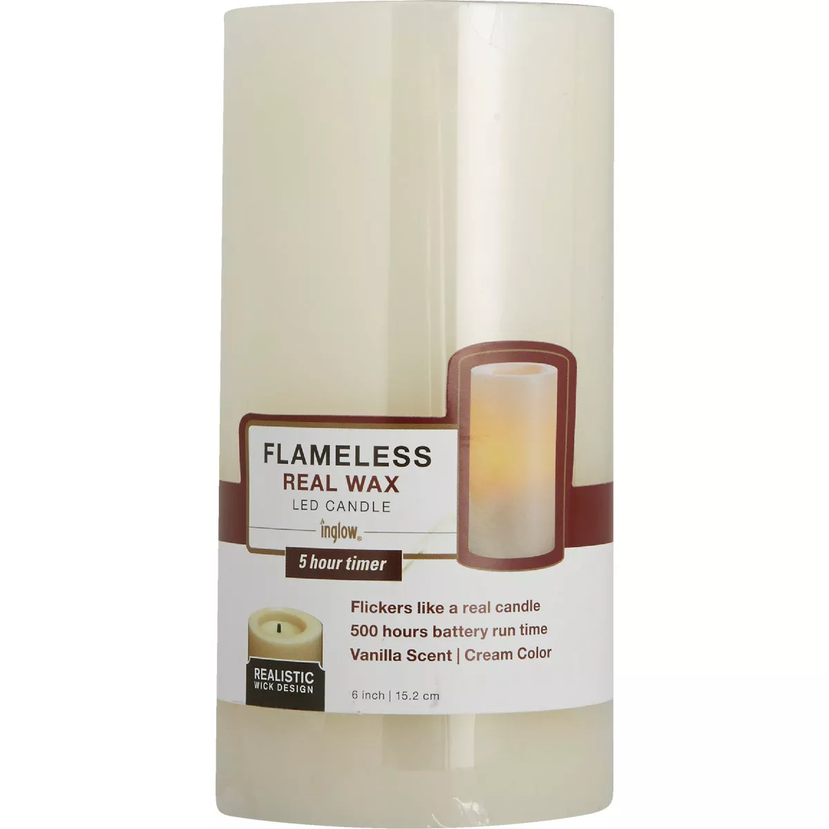 Inglow 6 In. H. x 3 In. Dia. Cream Wax Pillar Flameless Candle - photo 2