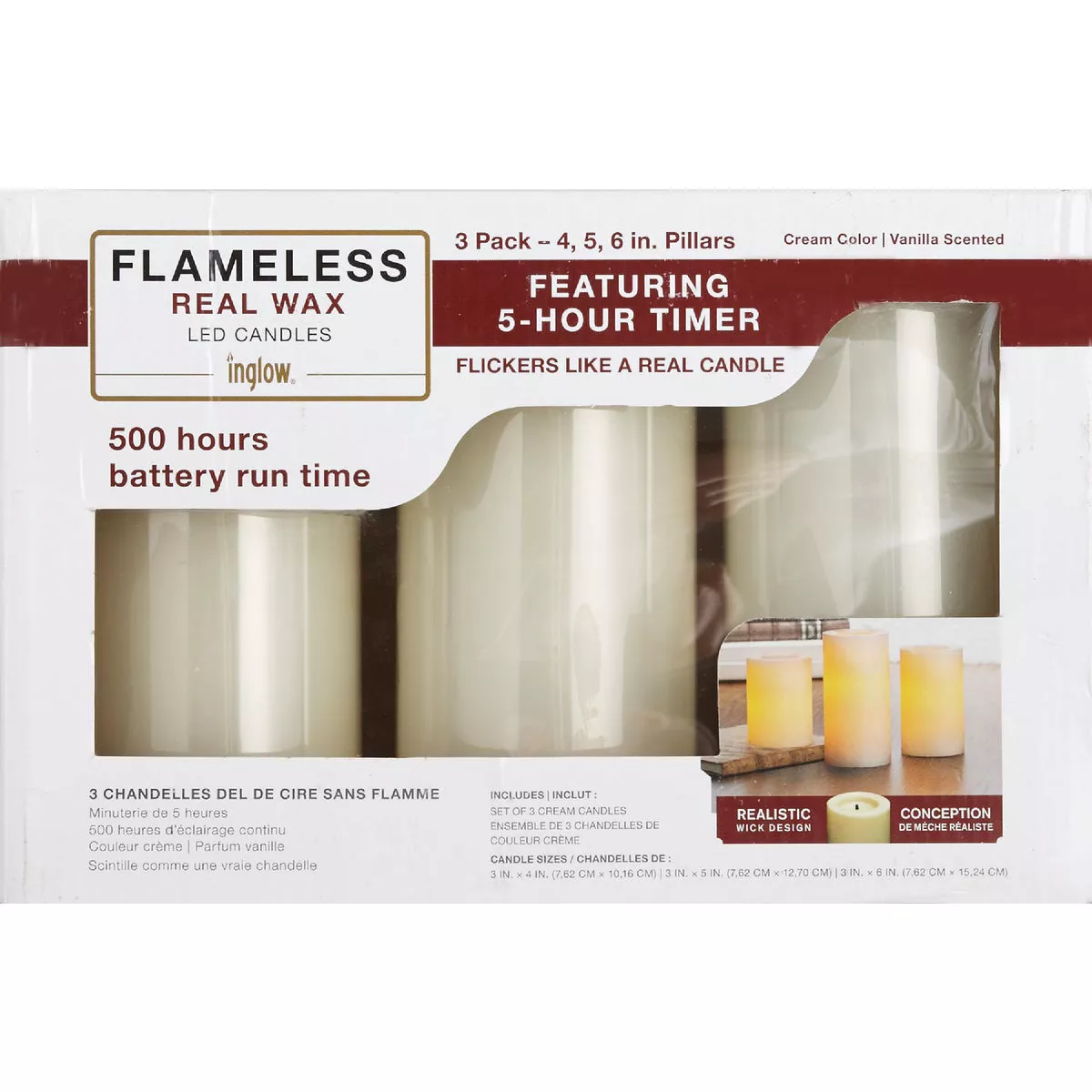 Inglow 3 In. Dia. Cream Wax Pillar Flameless Candle Set (3-Pack) - photo 2