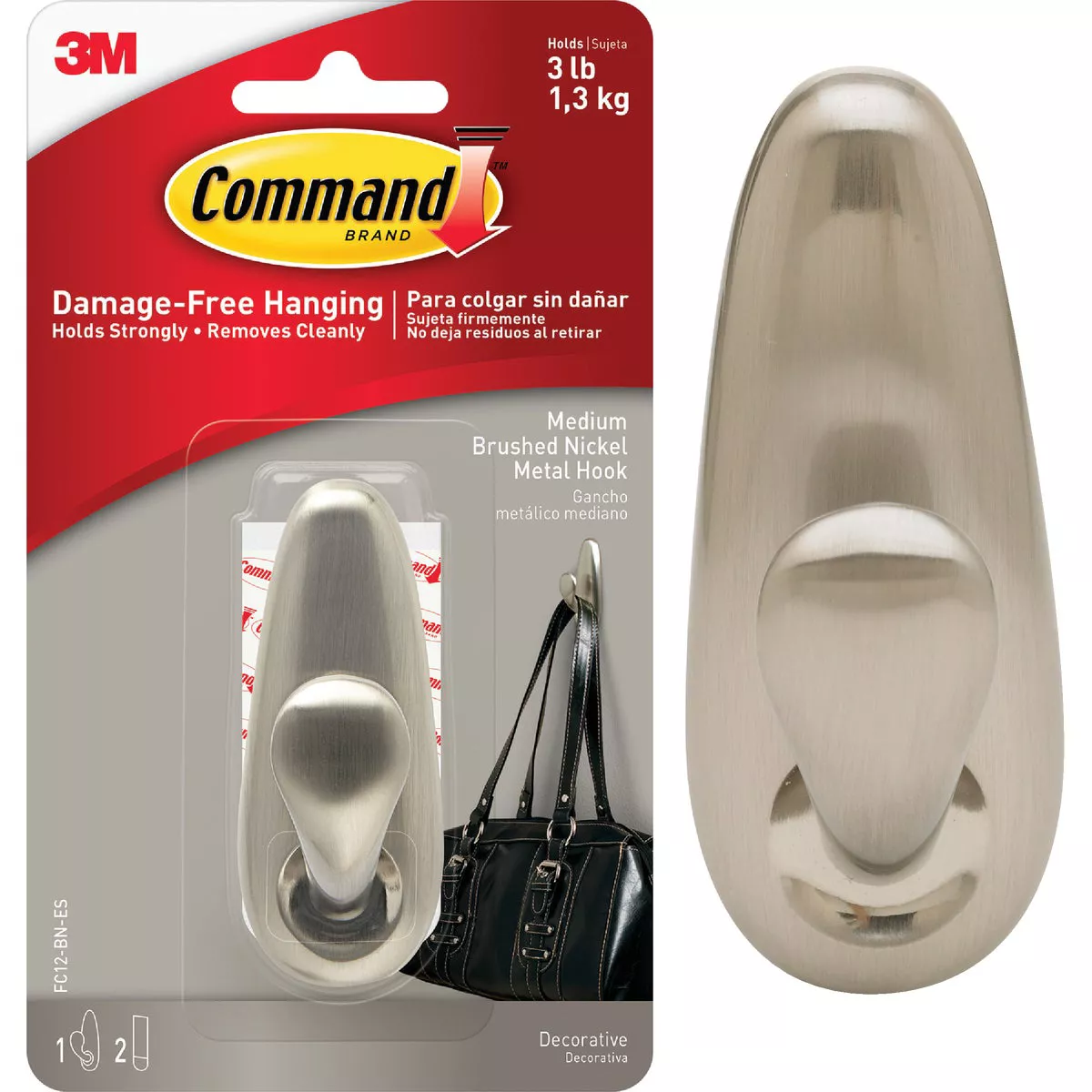 Command Medium Forever Classic Hook, Brushed Nickel, 1 Hook, 2 Strips ...