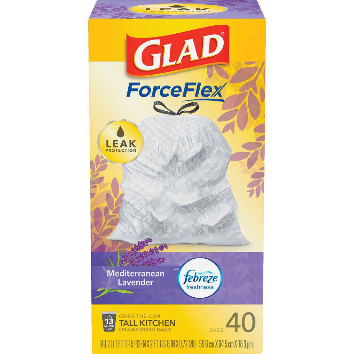 Glad ForceFlex Tall Kitchen Drawstring Trash Bags, 13 Gallon Trash Bag,  Gain Lavender with Febreze Freshness, 40 Count