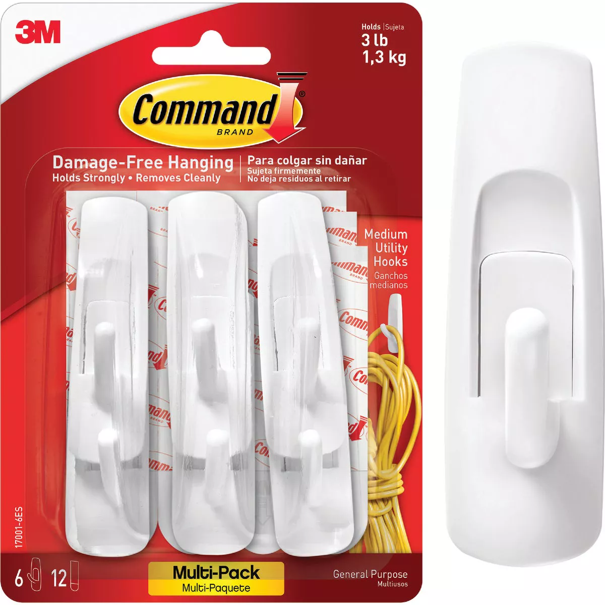 Command Medium Utility Hook Value Pack, White, 6 Hooks, 12 Strips