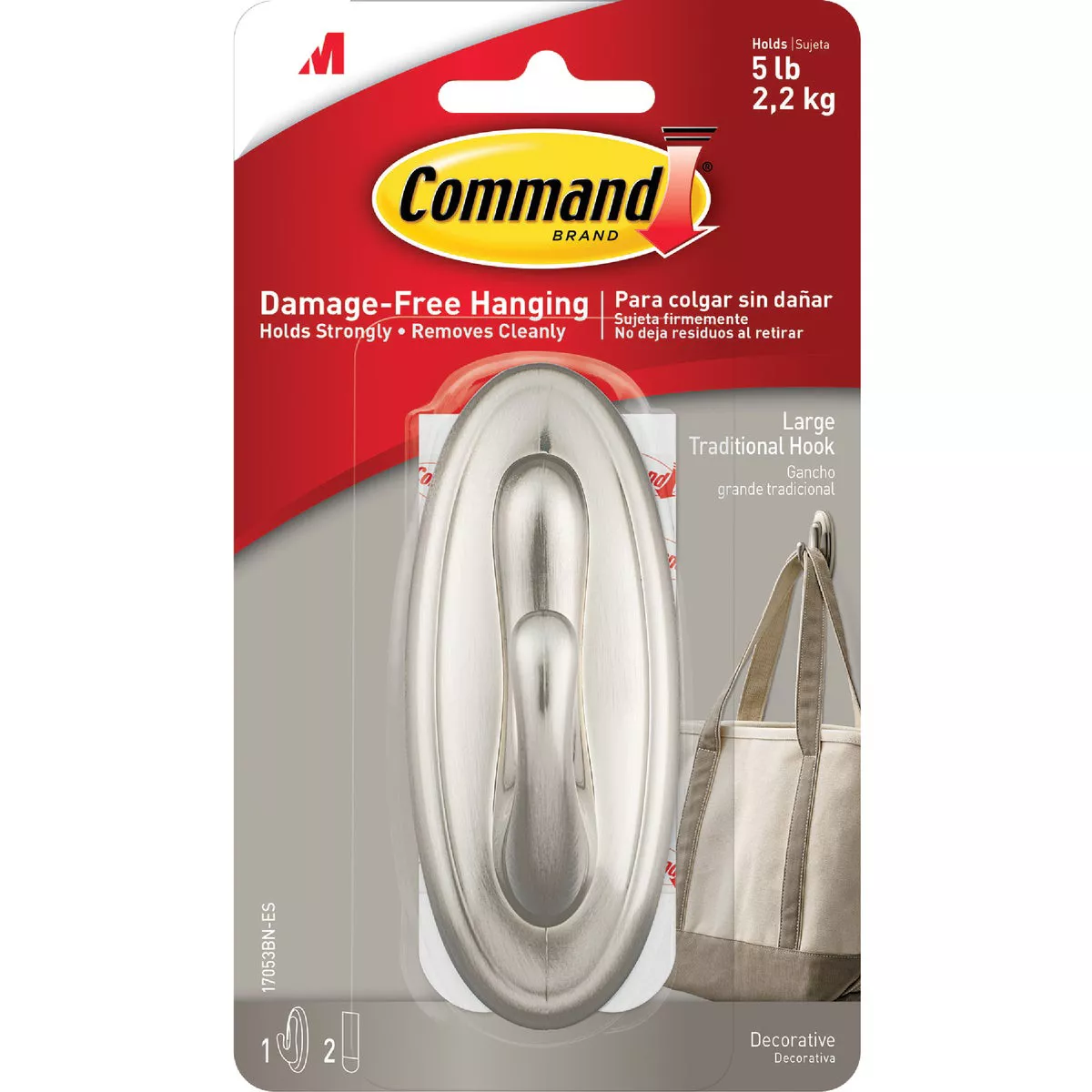 Command Large Traditional Hook, Brushed Nickel, 1 Hook, 2 Strips - photo 2