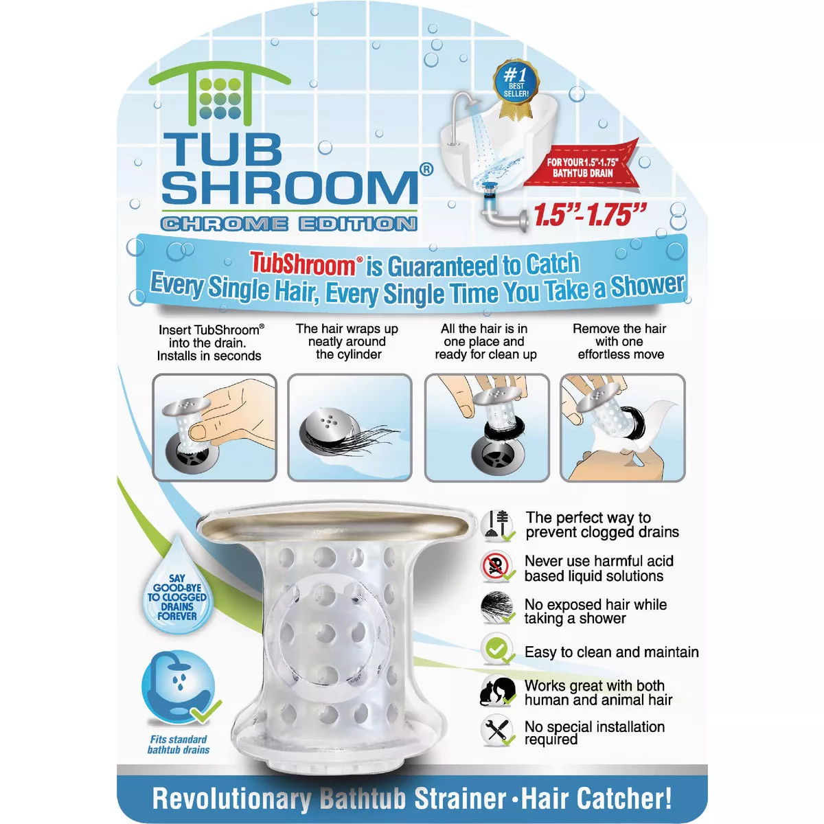 TubShroom Chrome Edition 1.75 In. Chrome Plastic No Clog Drain Stopper - photo 7