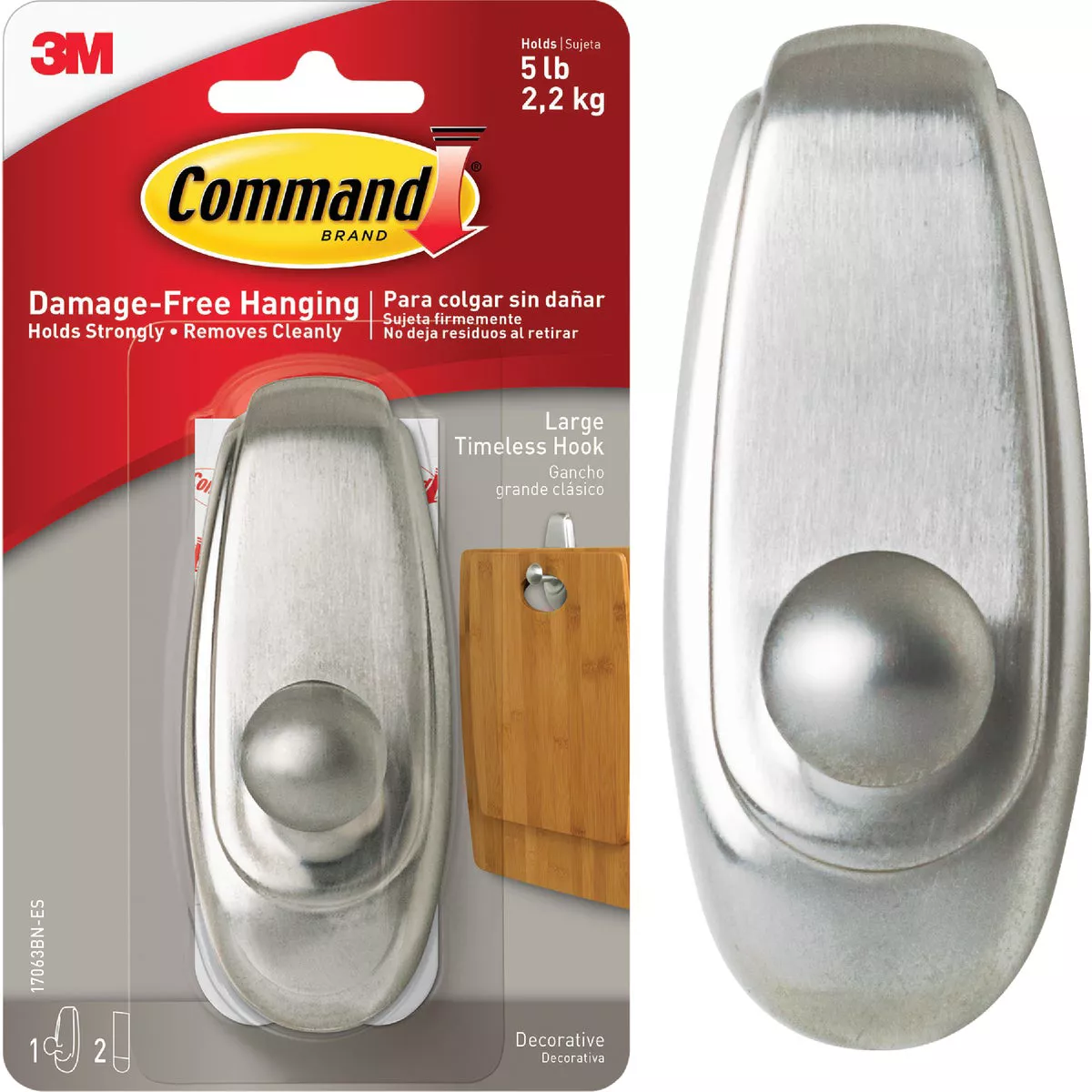 Command Large Timeless Hook, Brushed Nickel, 1 Hook, 2 Strips