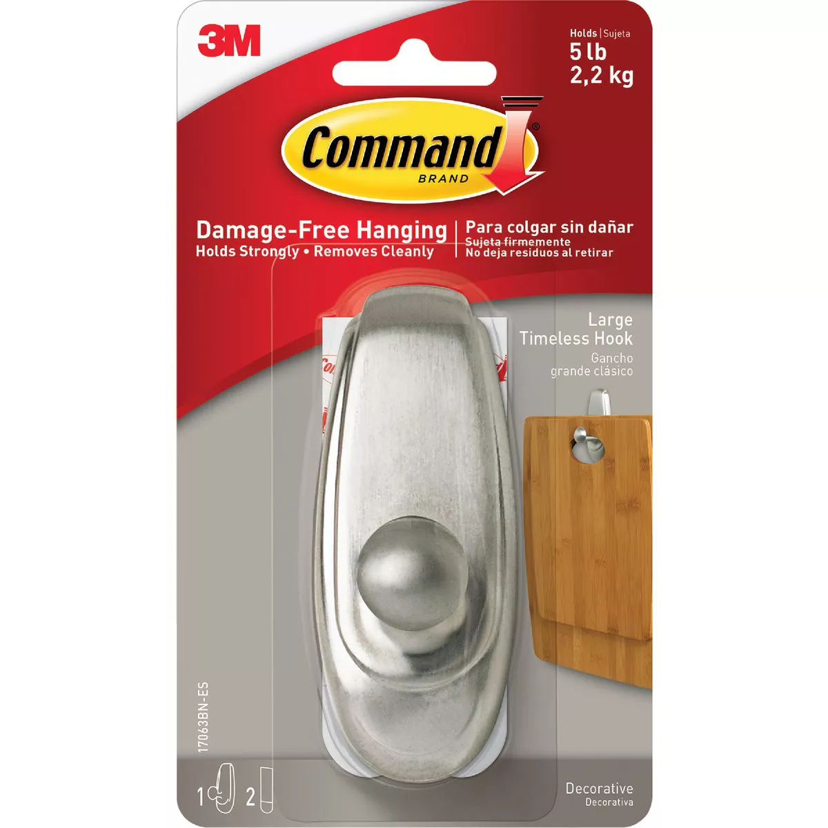 Command Large Timeless Hook, Brushed Nickel, 1 Hook, 2 Strips - photo 2