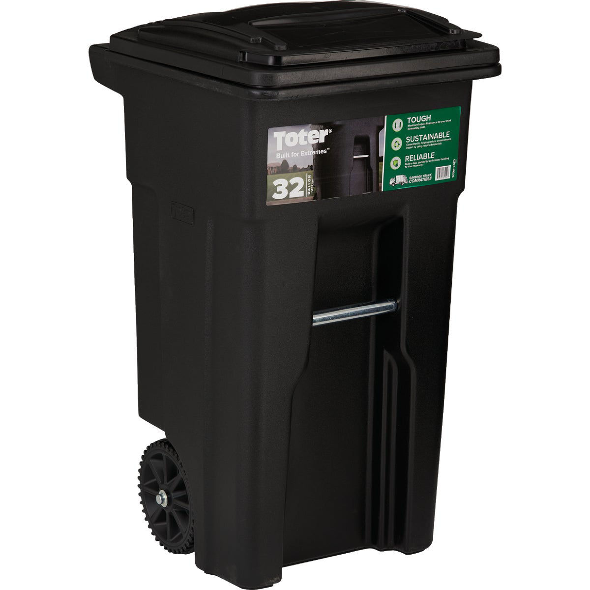 Toter 32 Gal. Black Outdoor Trash Can With Attached Lid and Wheels Do