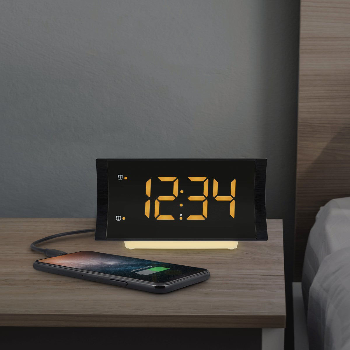 La Crosse Technology Curved LED Alarm Clock with Radio & USB Charging