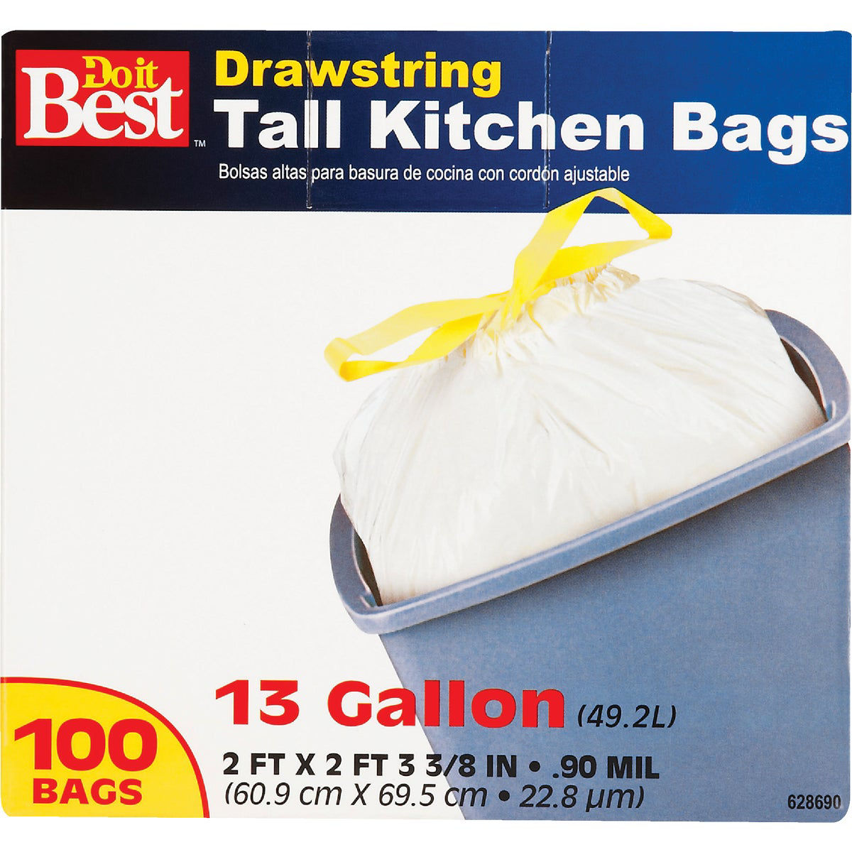 Tall Kitchen Trash Bag, Drawstring Closure, White, 13 Gallon, 90-Ct.