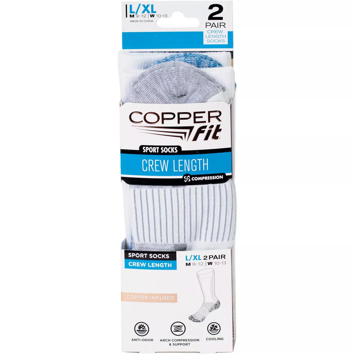 Copper Fit L/XL White Crew Compression Socks