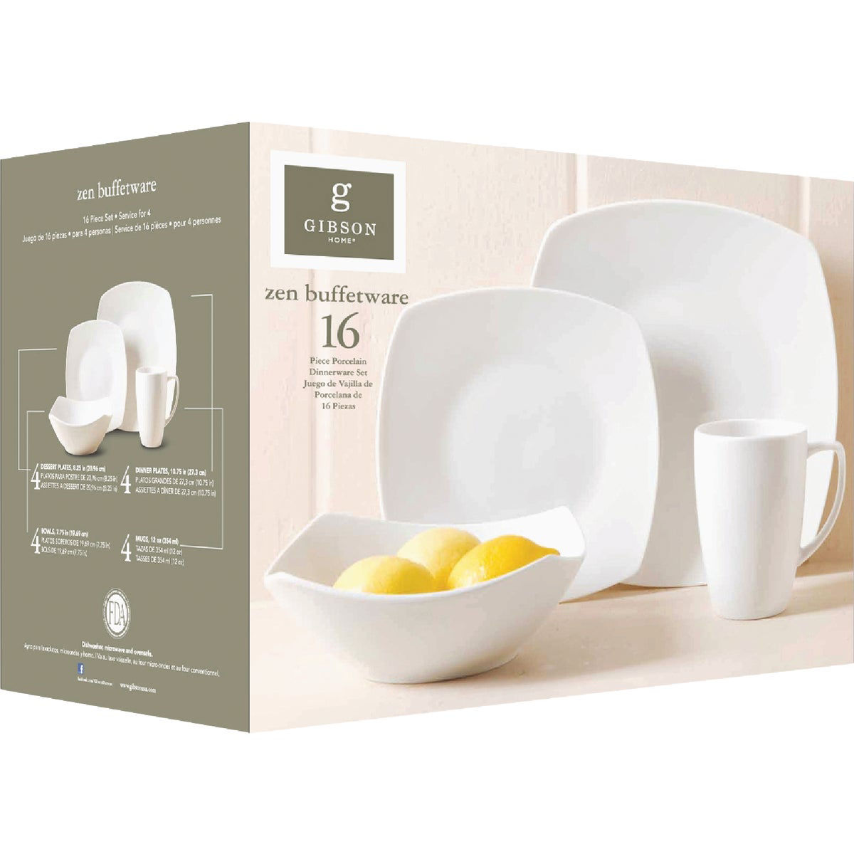 Gibson Home Zen Buffetware White Soft-Square Dinnerware Set (16