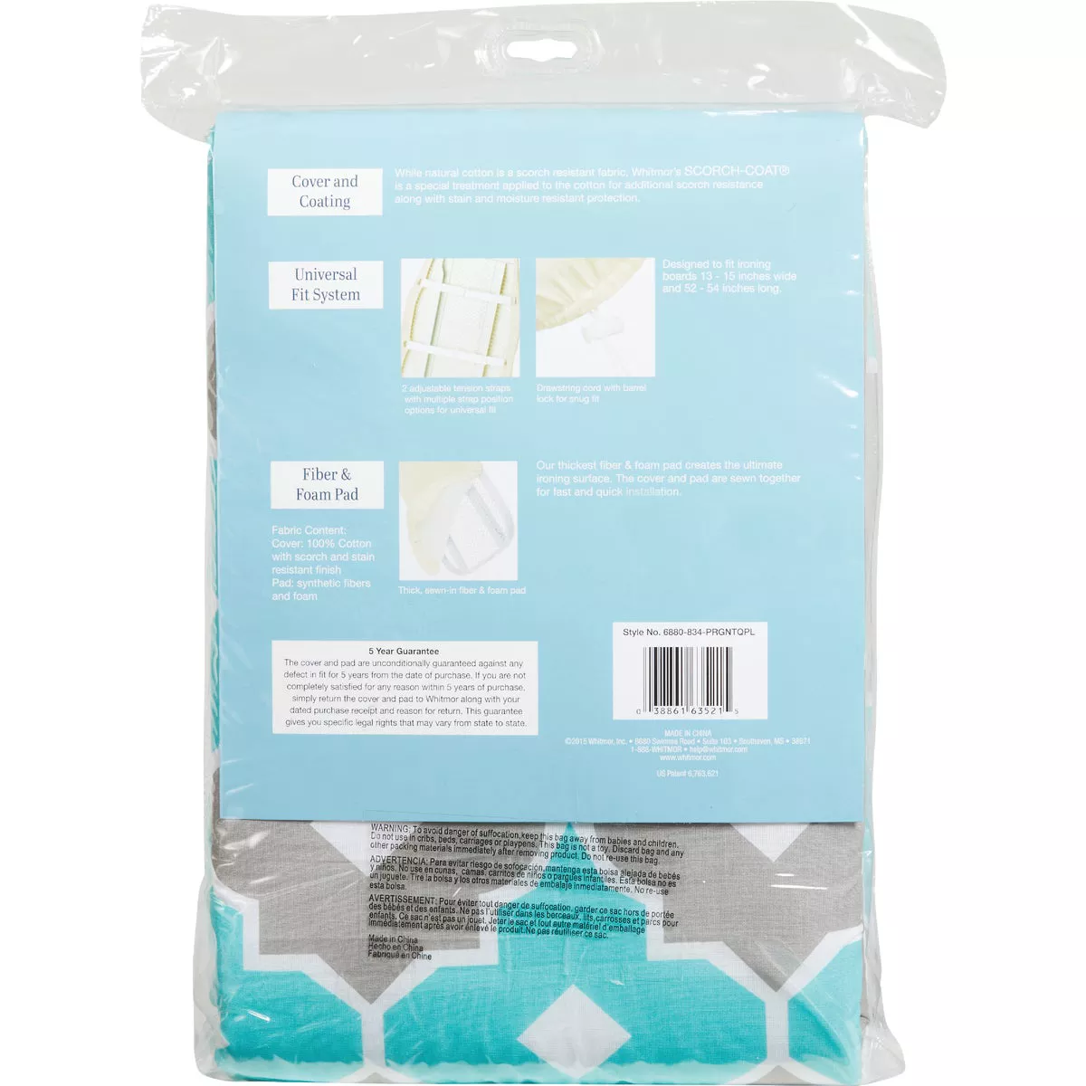 Whitmor Reversible Ironing Board Cover/Pad - Paragon Turquoise & Gray - photo 3