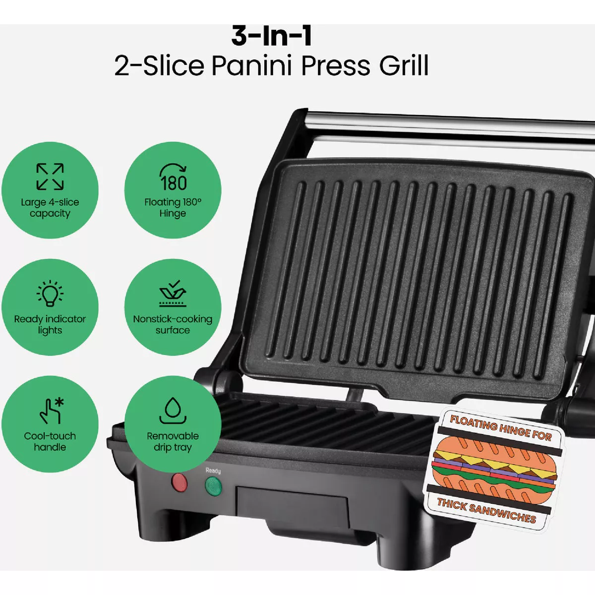 Chefman Electric Panini Press Grill and Gourmet Sandwich Maker (2 Slice) - photo 2