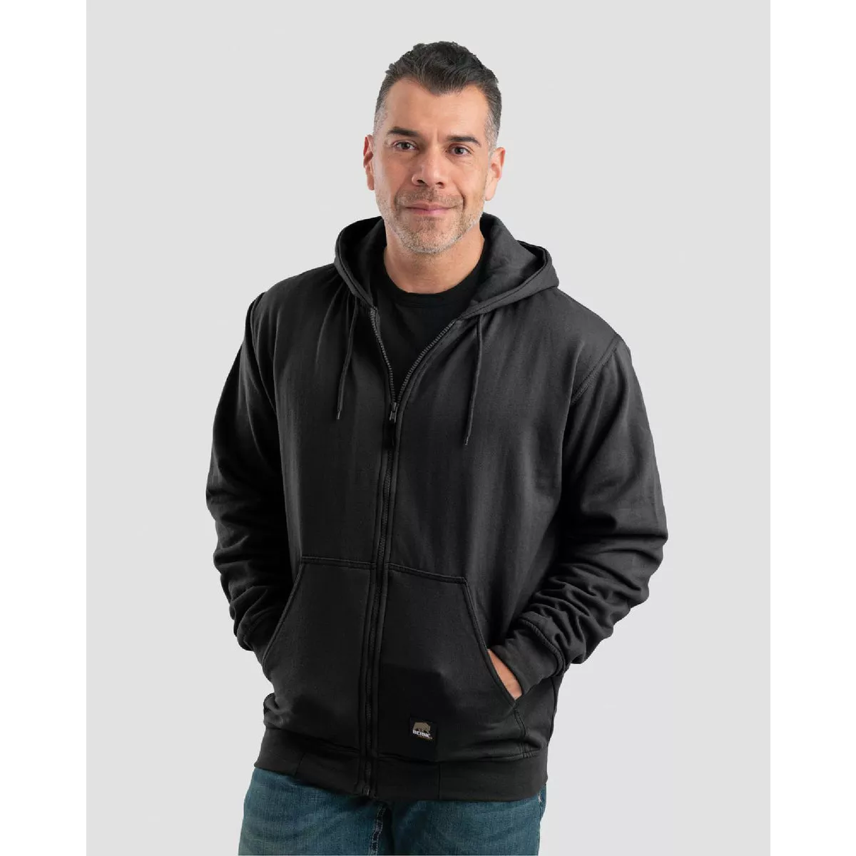 Berne Men's Small Regular Black Heritage Thermal-Lined Full-Zip Hooded Sweatshirt-