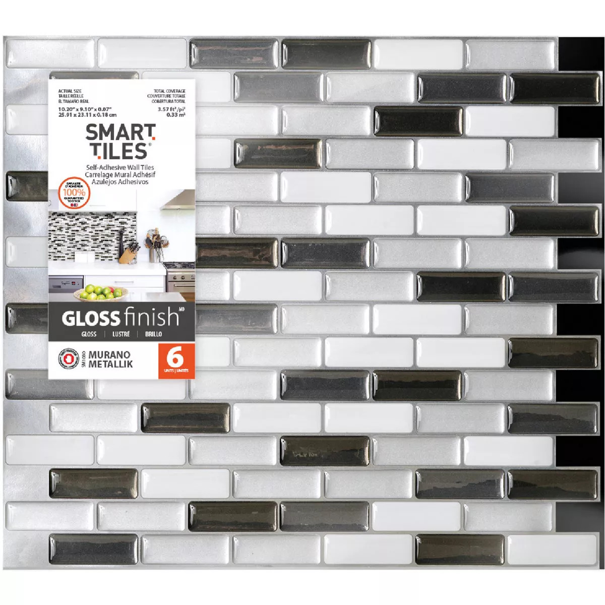 Smart Tiles Approx. 10 In. x 10 In. Glass-Like Vinyl Backsplash Peel & Stick, Murano Metallik Mosaic (6-Pack)