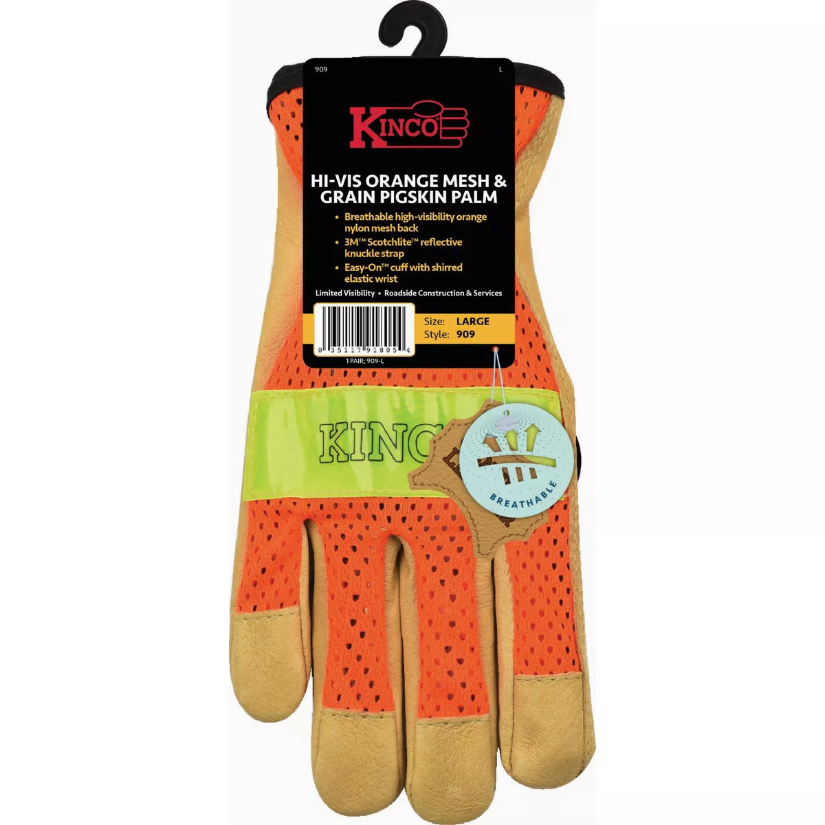 Kinco Men's Large Hi-Vis Orange Mesh & Grain Pigskin Palm Glove