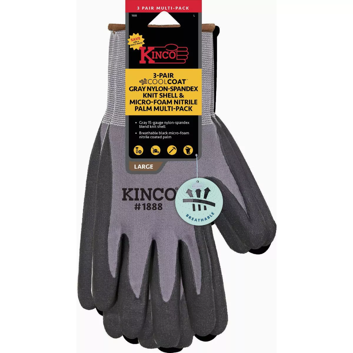 Kinco Men's Large Gray Nylon-Spandex Knit Shell & CoolCoat Micro-Foam Nitrile Palm Glove (3-Pack)