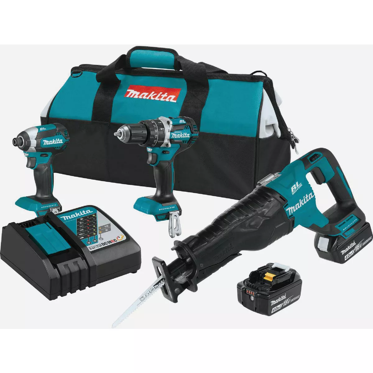 Makita 3-Tool 18 Volt LXT Lithium-Ion Brushless Hammer Drill, Impact Driver & Reciprocating Saw Cordless Tool Combo Kit