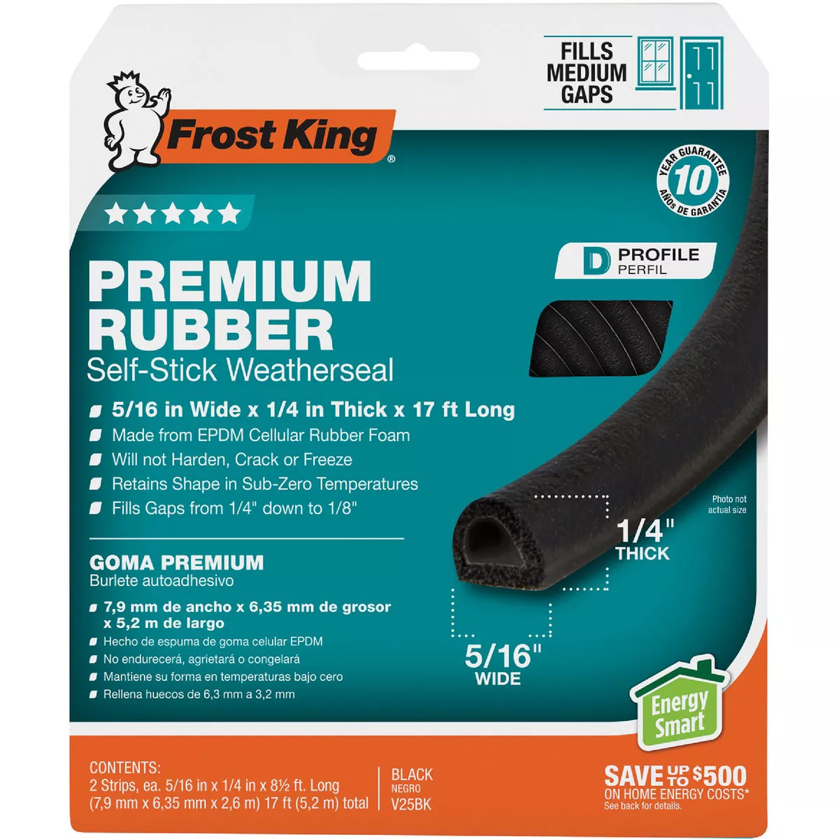 Frost King's 3/8 In. x 1/4 In. x 17 Ft. Black EPDM D-Section Rubber Weatherseal Tape