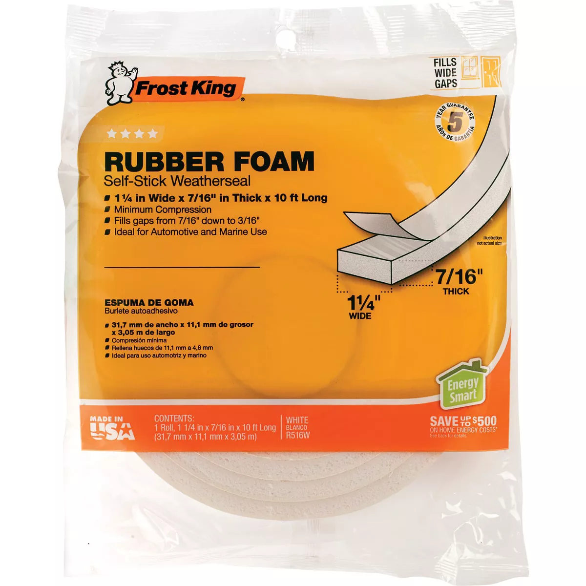 Frost King's 1-1/4 In. x 7/16 In. x 10 Ft. White Rubber Foam Weatherseal Tape