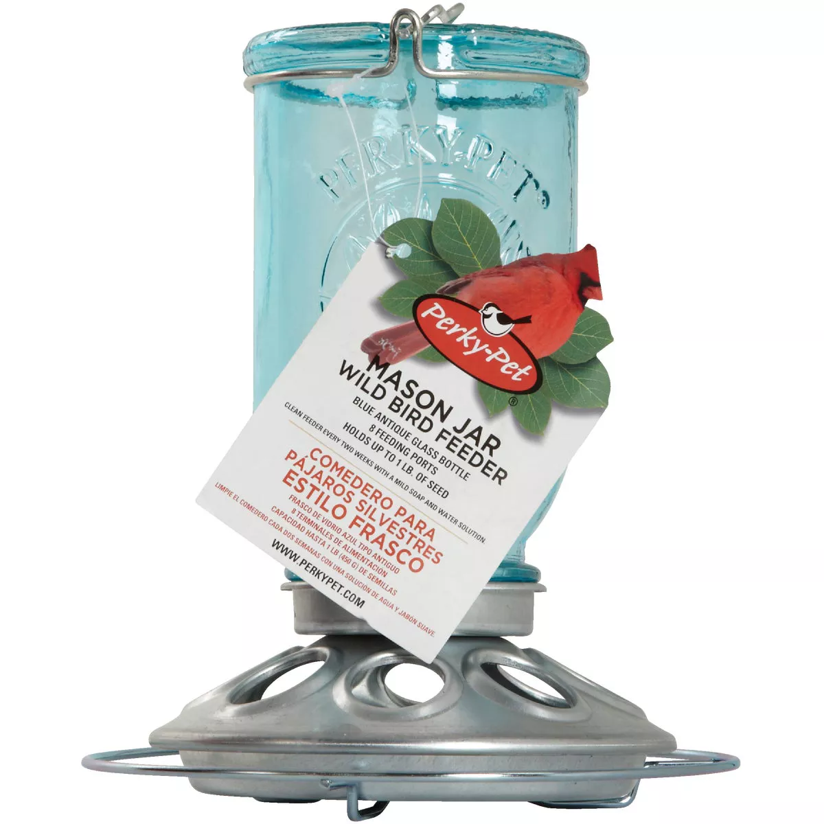 Perky-Pet Blue Glass Mason Jar 1 Lb. Capacity Bird Feeder - photo 3