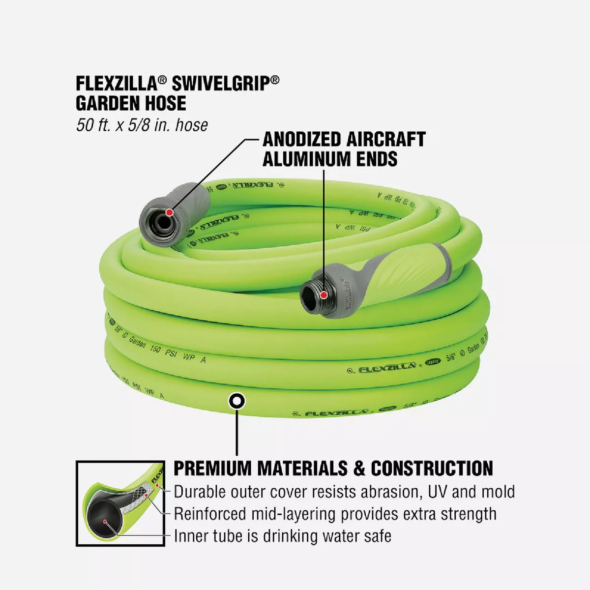 Flexzilla 5/8 In. Dia. x 50 Ft. L. Drinking Water Safe Garden Hose with SwivelGrip Connections - photo 3