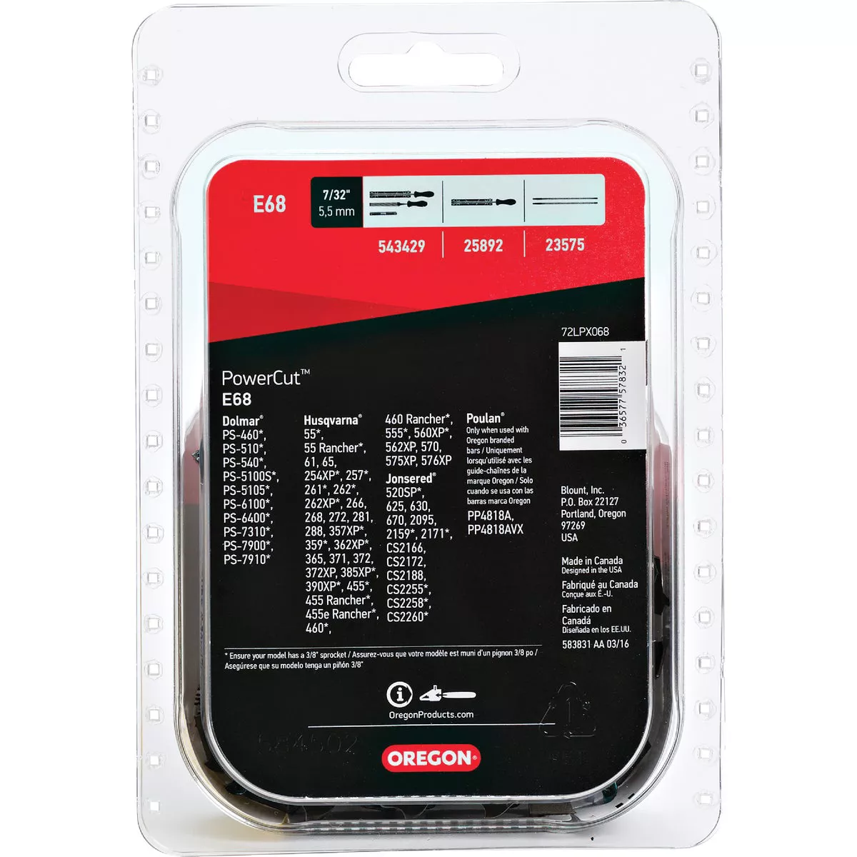 Oregon E68 PowerCut Saw Chain for 18in. Bar - 68 Drive Links - fits Husqvarna, Jonsered, Poulan, Efco, Makita and others - photo 2