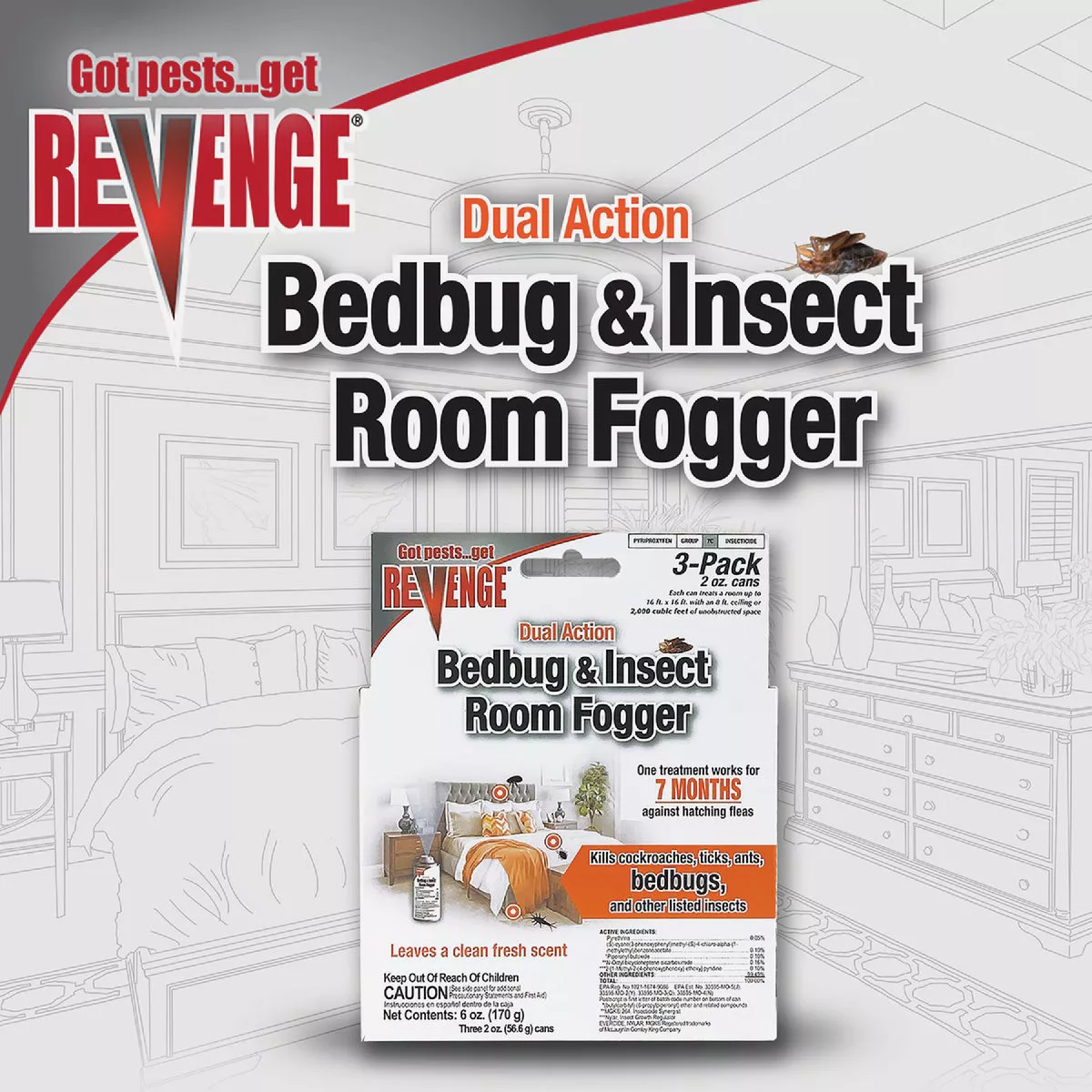 REVENGE 2 Oz. Dual Action Bedbug Indoor Insect Fogger (3-Pack) - photo 2