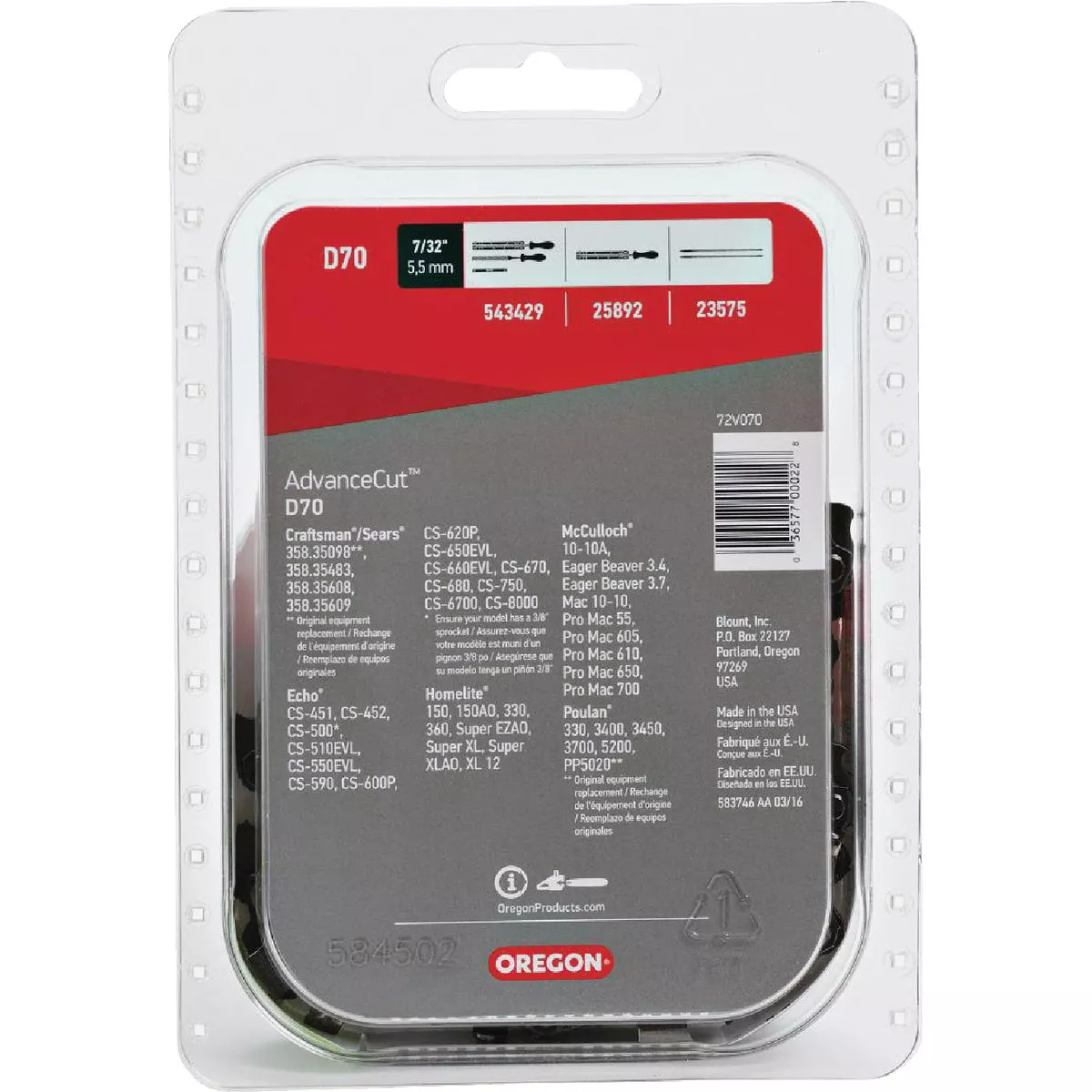 Oregon D70 AdvanceCut Saw Chain for 20 in. Bar - 70 Drive Links - fits Echo, Homelite, McCulloch, Poulan, Craftsman, Makita, Skil and more - photo 7