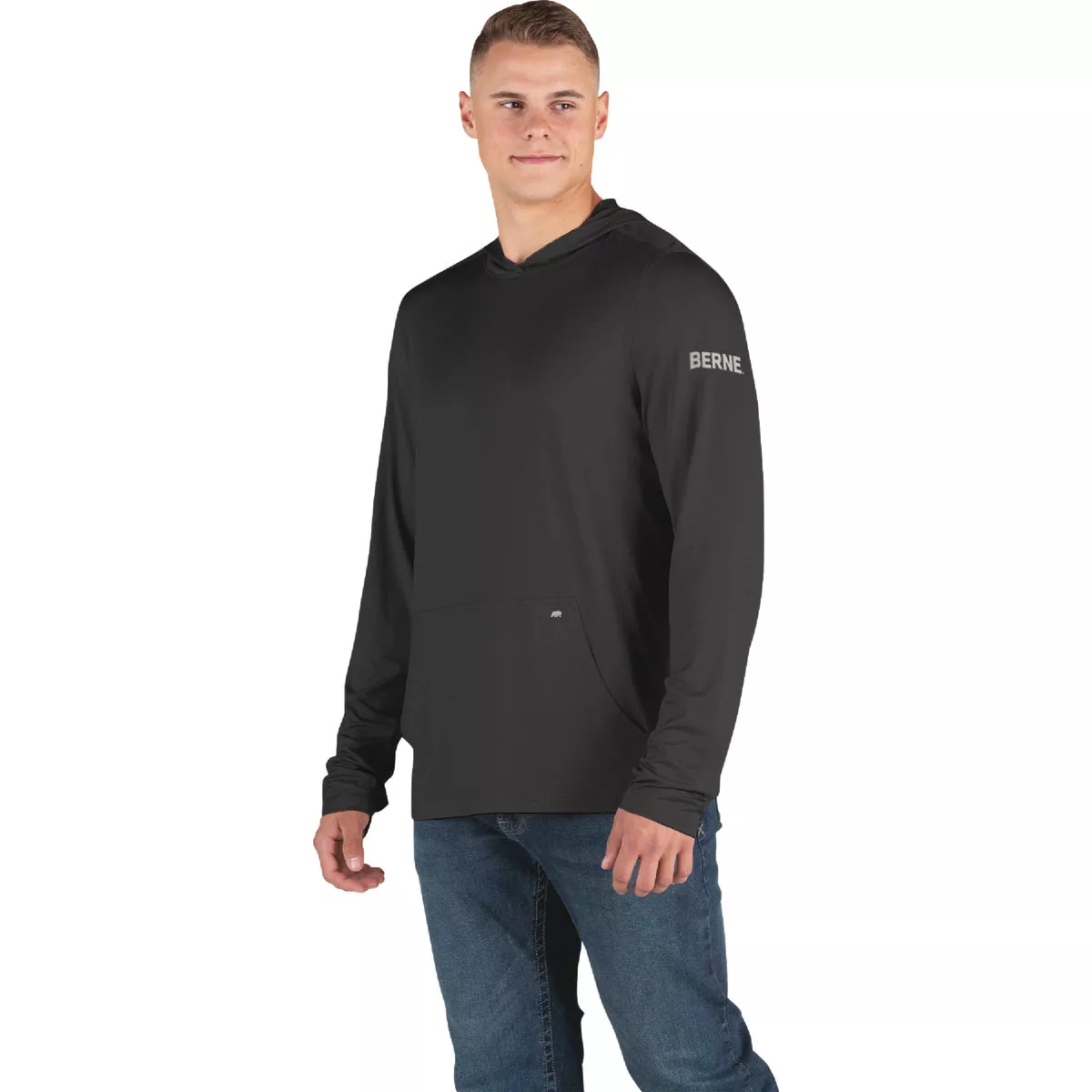Berne Men's Large Black Long Sleeve Hooded UPF Sun Shirt