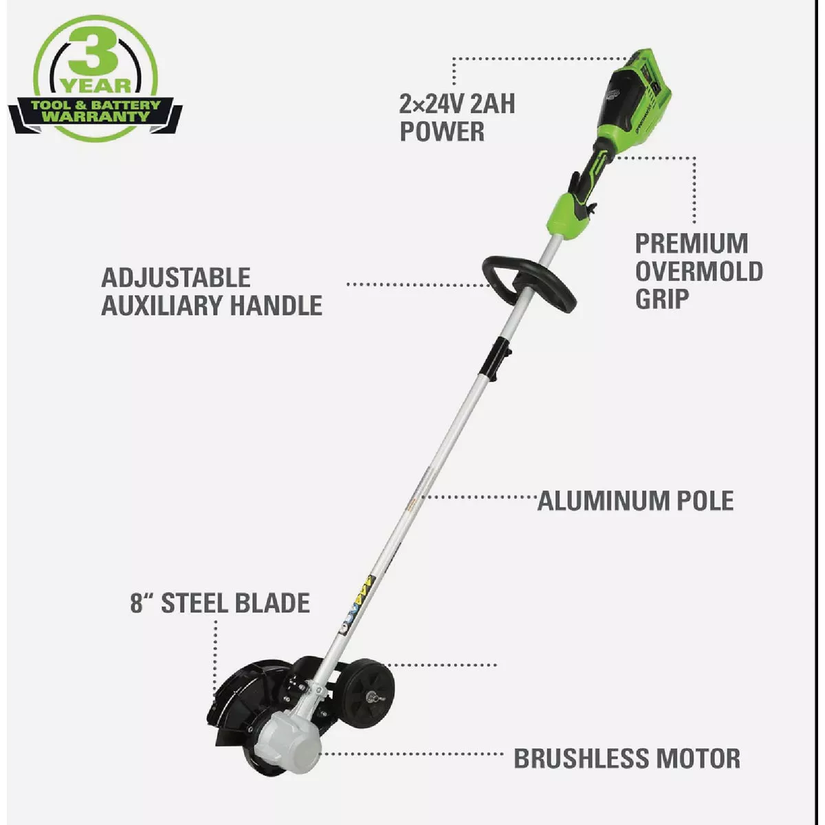 Greenworks 24V (2 x 24V) 8 In. Brushless Edger with (2) 4.0 Ah Batteries &Charger - photo 11