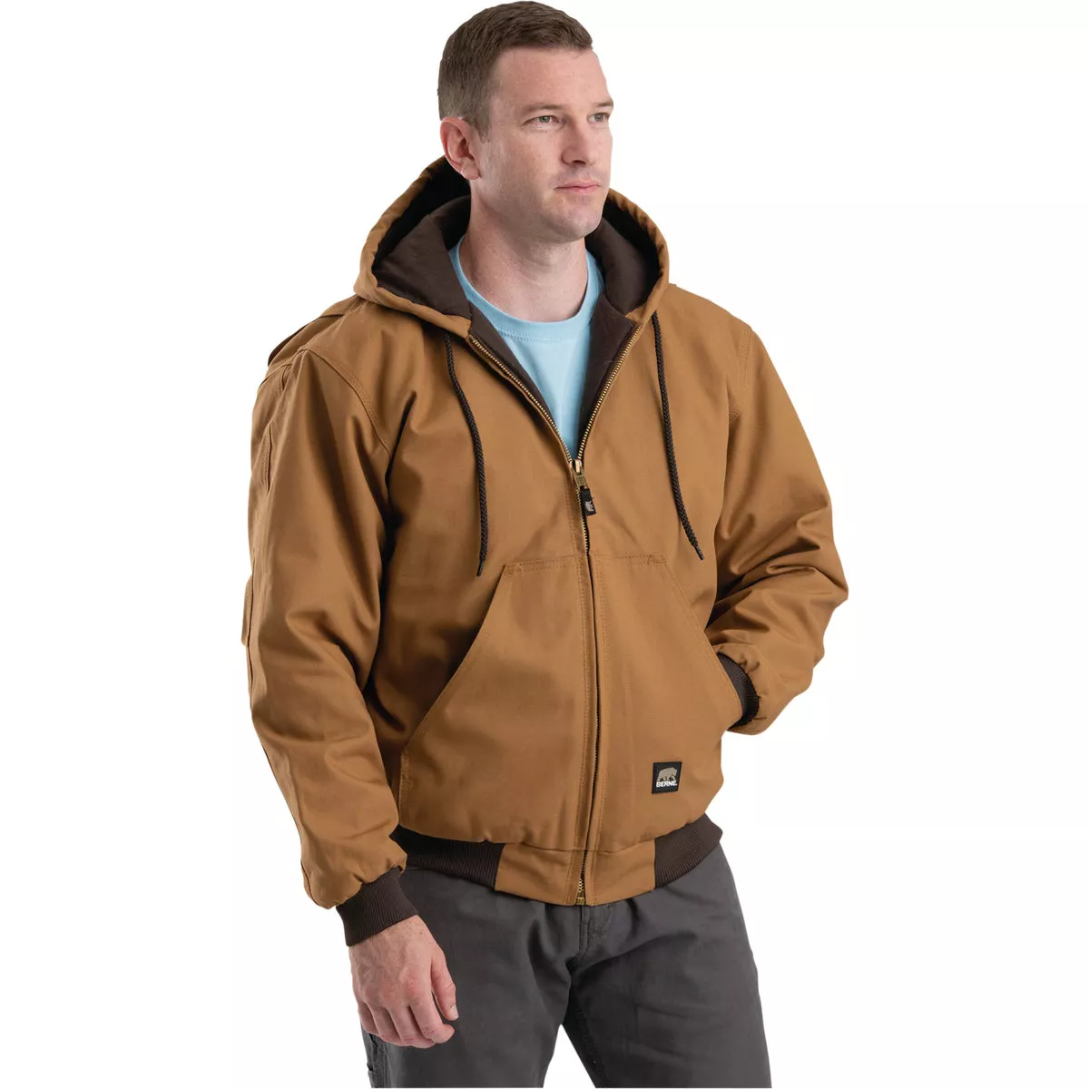 Berne Heritage Men's Large Brown Duck Hooded Active Work Jacket