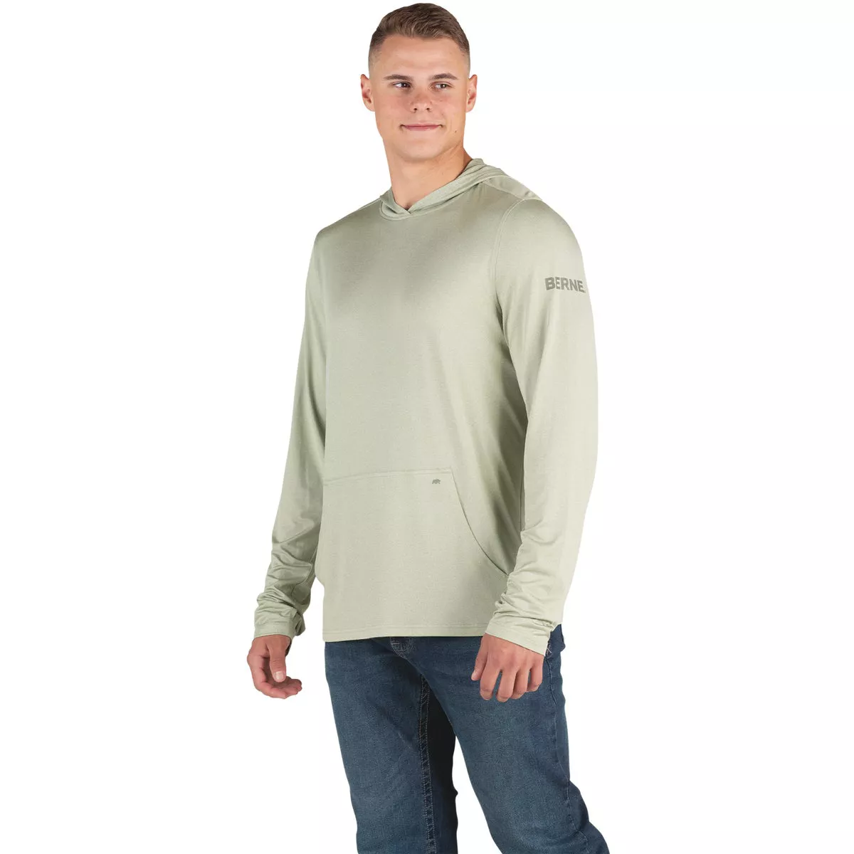 Berne Men's Large Heathered Seagrass Long Sleeve Hooded UPF Sun Shirt