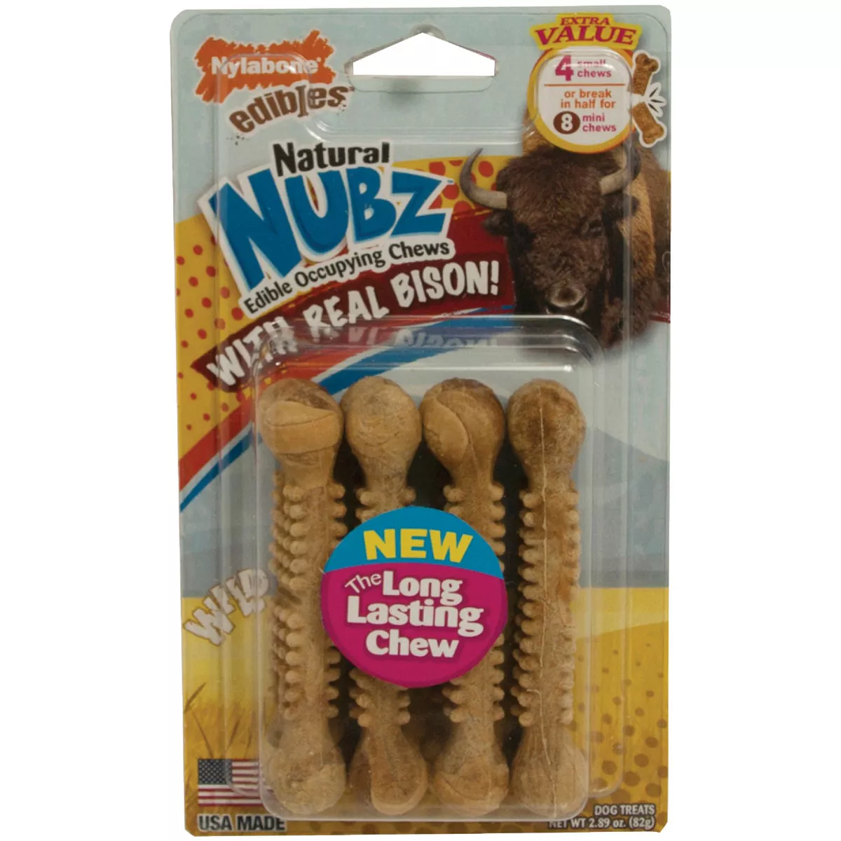Nylabone Nubz Wild Natural Long Lasting Edible Bison Flavor Small Dog Chews (4-Pack)