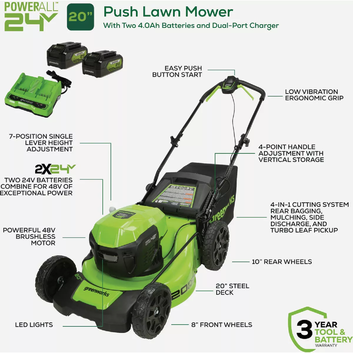 Greenworks 24V (2 x 24V) 20 In. Brushless Push Lawn Mower with (2) 4.0 Ah USB Batteries & Dual-Port Charger - photo 3
