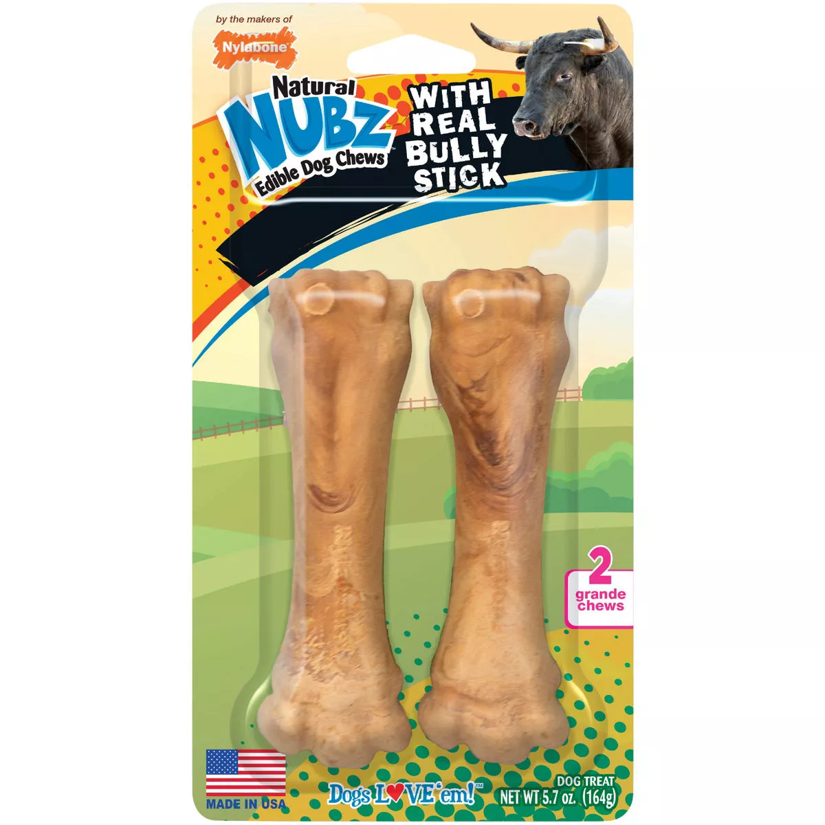 Nylabone Nubz Natural Long Lasting Edible Bully Stick Grain Free Grande Dog Chews (2-Pack)