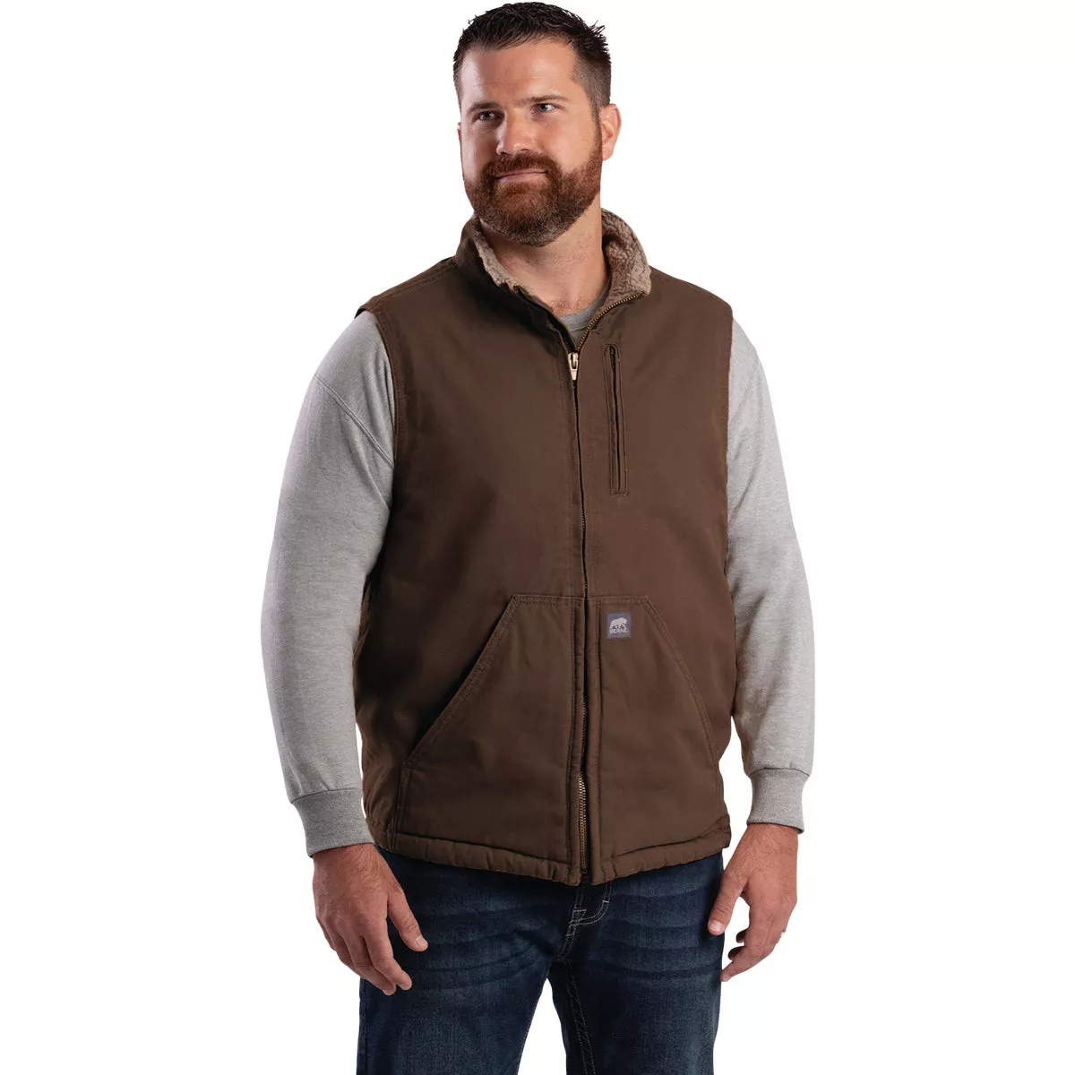 Berne Heartland Men's XL Bark Sherpa-Lined Washed Duck Vest