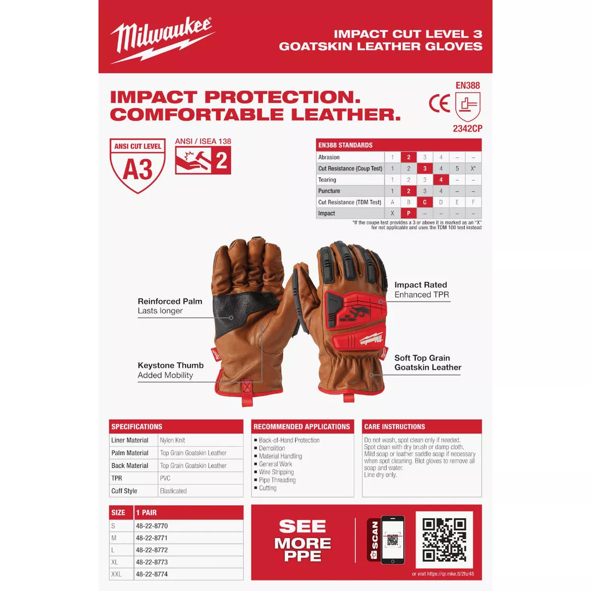 Milwaukee Impact Cut Level 3 Unisex Large Goatskin Leather Work Gloves - photo 5